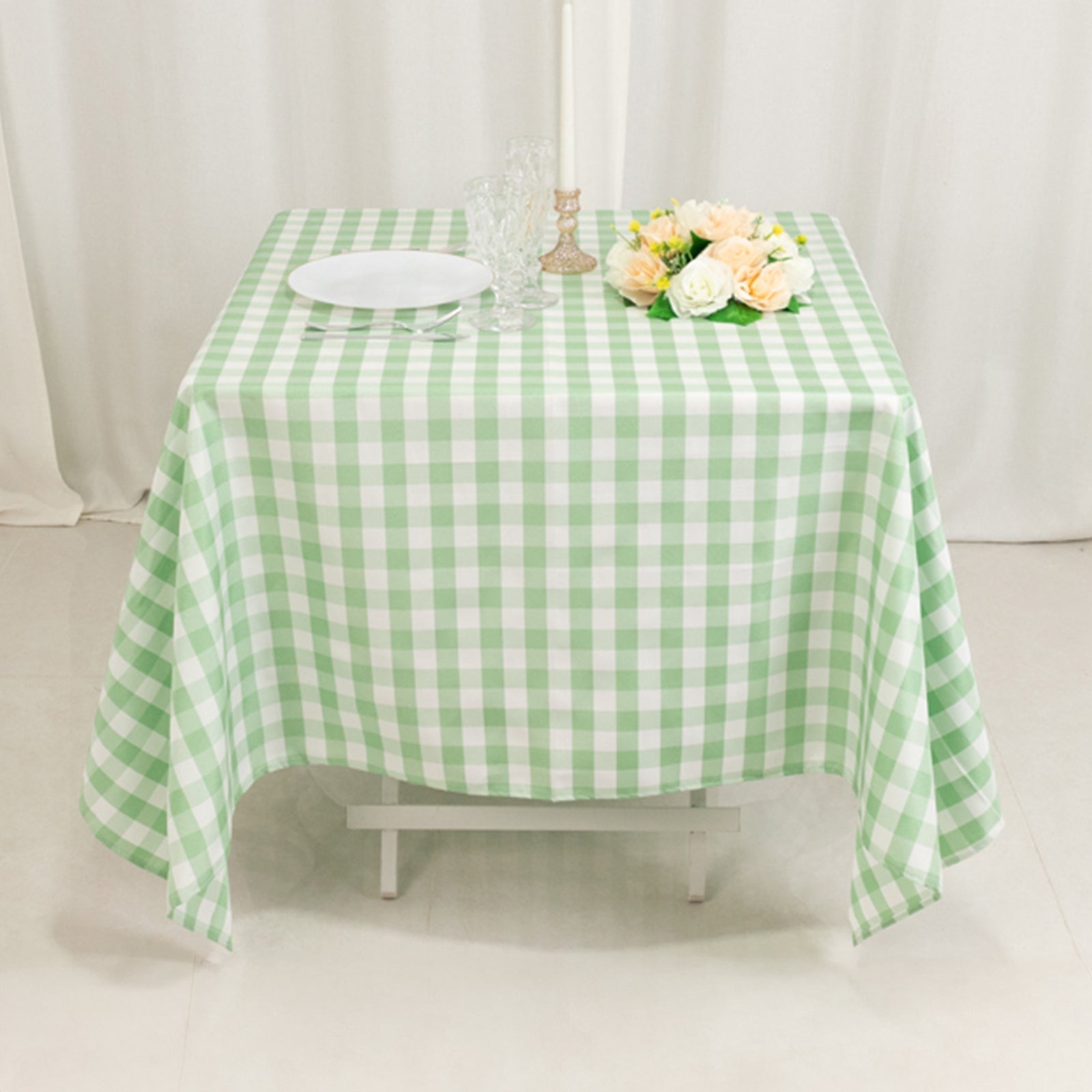 Polyester 70x70 Square Tablecloth White/Sage Green - Checkered Buffalo Plaid Table Cover