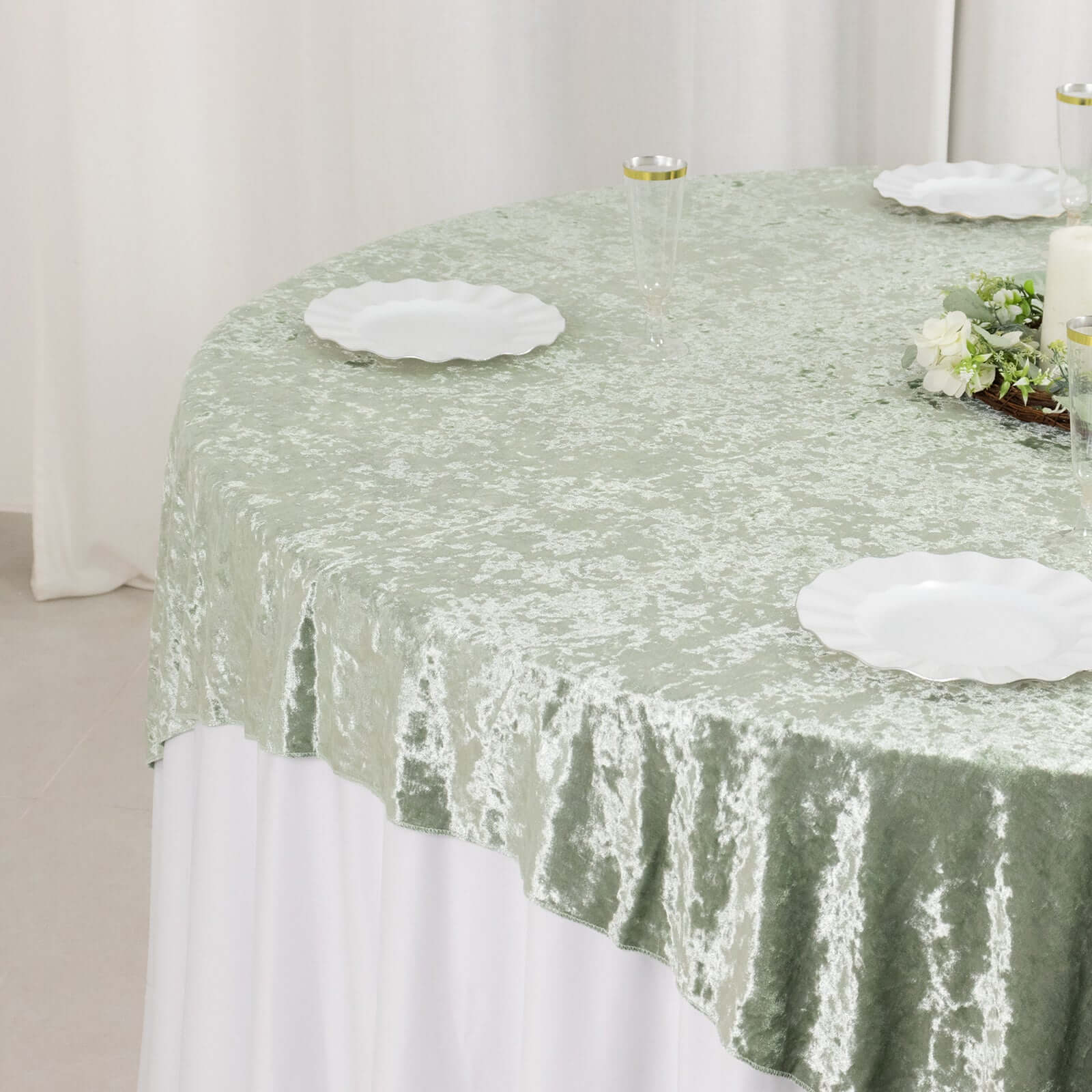 Velvet 72x72 Table Overlay Square Tablecloth Sage Green - Premium Crushed Design for Stylish Celebrations