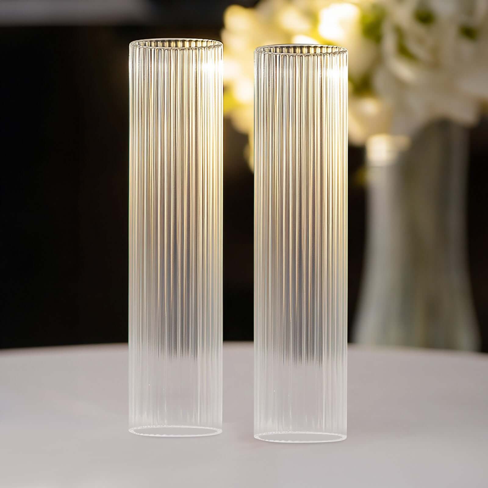 2-Pack Clear Ribbed Glass Hurricane Shades Open End Design - Stylish Candelabra Pillar Candle Holder Table Centerpiece 20