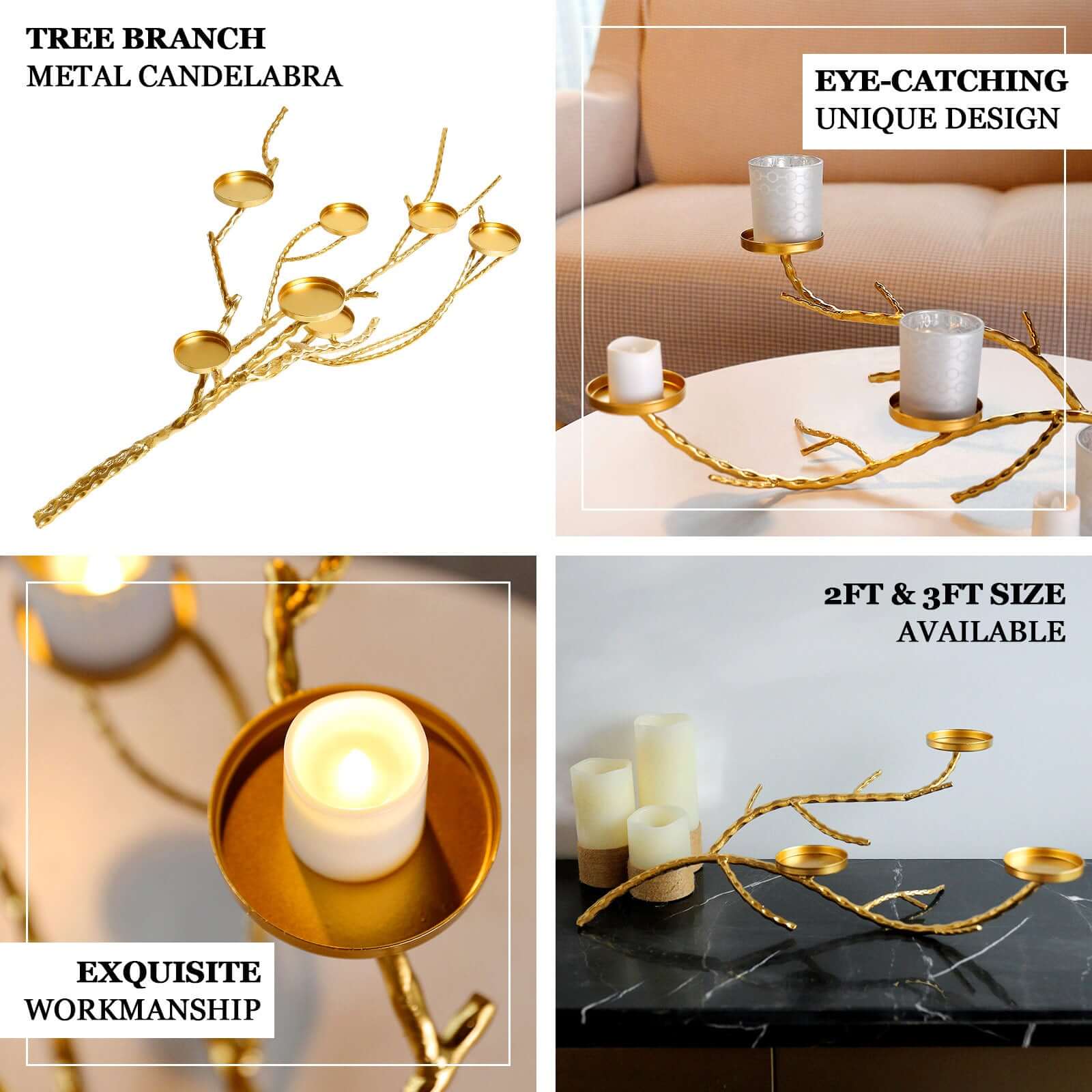 Metal Manzanita Tree Branch Candelabra Candle Holder Stand Gold - Twig Branch Design Table Centerpiece 3ft