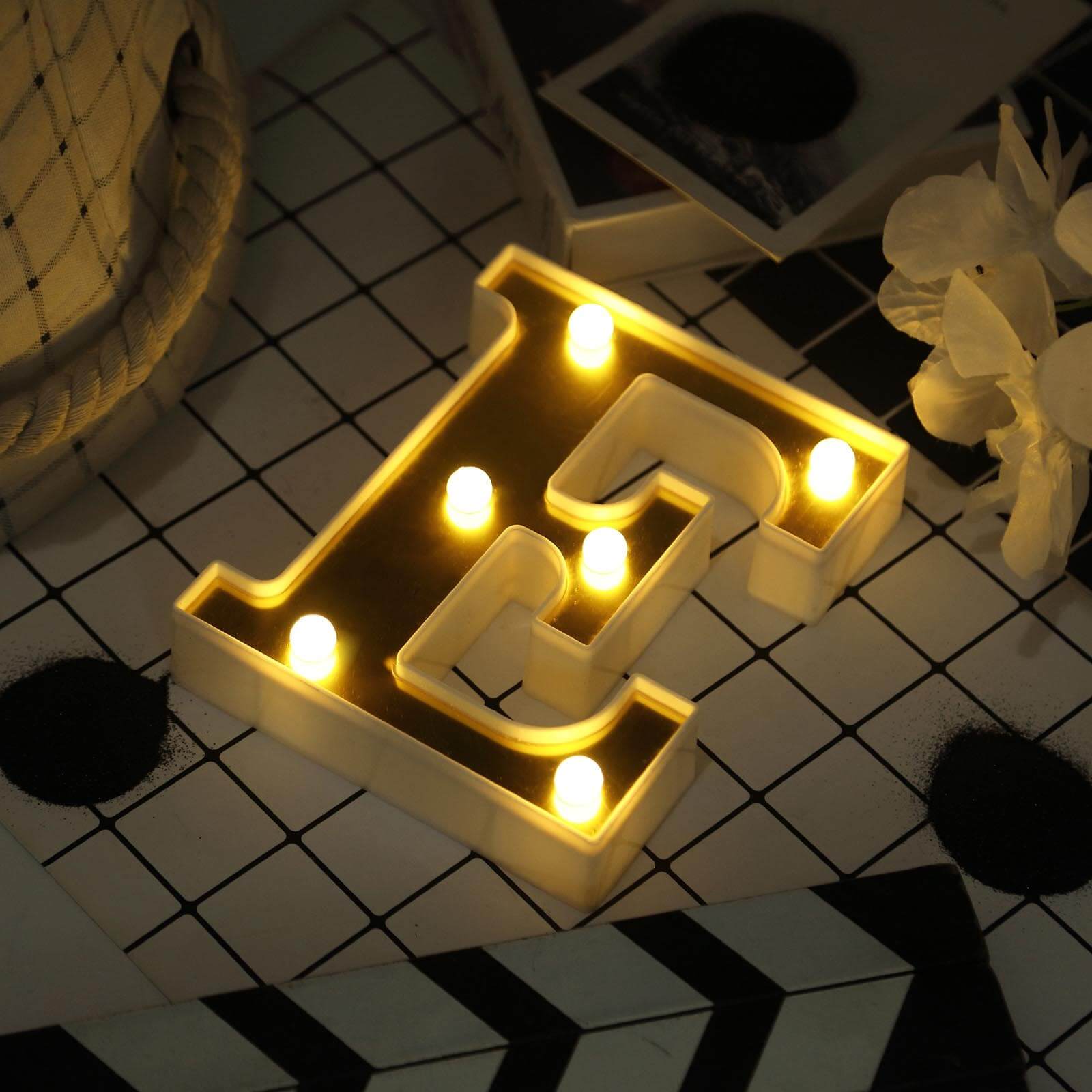 3D Marquee Letter E Warm White 6 LED Lights Gold - Chic Light-Up Decor for Events 6