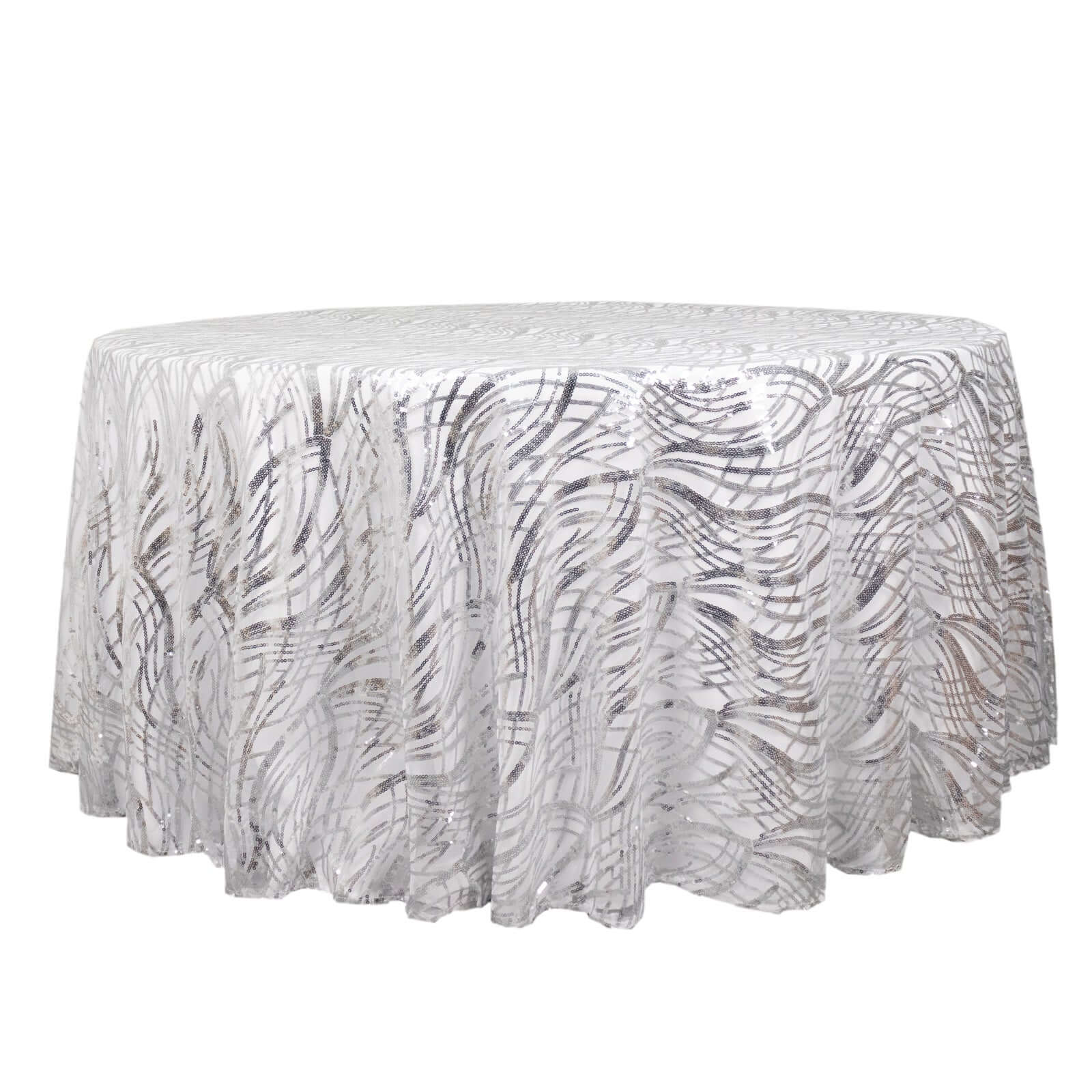 Sequin Mesh 120 Round Tablecloth Silver - Seamless Wave Embroidered Table Cover