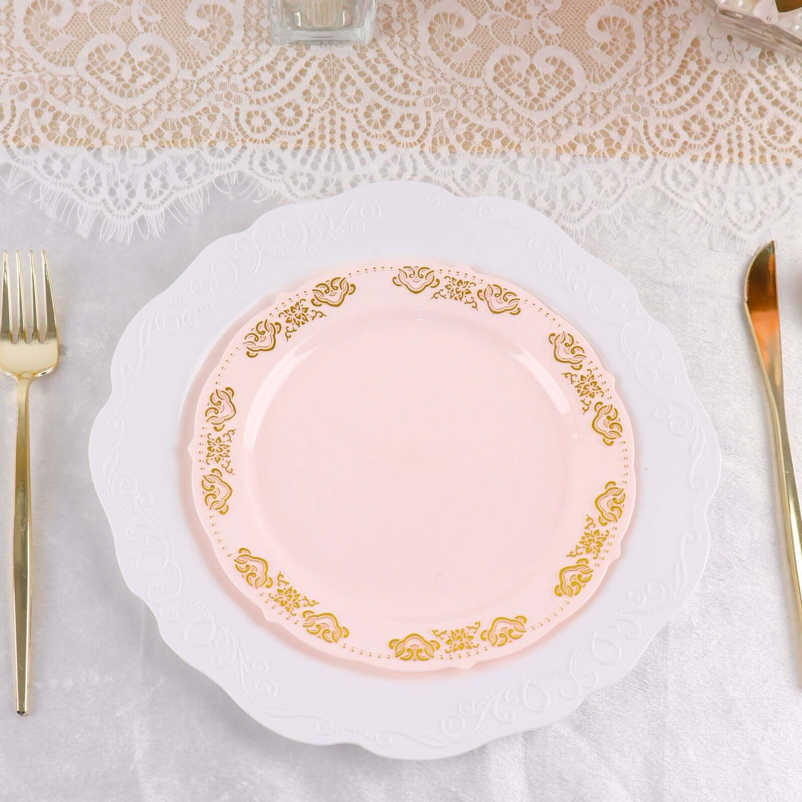 10-Pack Plastic 7.5 Round Appetizer Plates in Blush with Gold Embossed Scalloped Edge - Chic Disposable Salad Plates for Special Occasions & Banquets