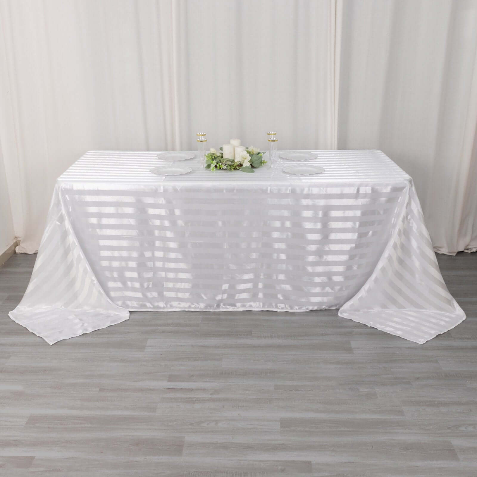 Satin Striped 90x132 Rectangular Tablecloth White Satin Stripe - Seamless Silky Smooth Wedding Decor