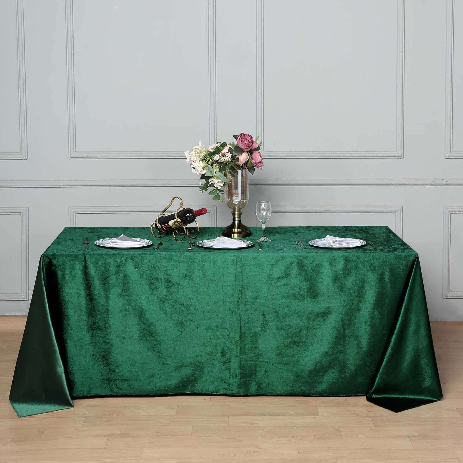 Premium Velvet 90x132 Rectangle Tablecloth Hunter Emerald Green - Reusable Soft & Seamless Table Cover