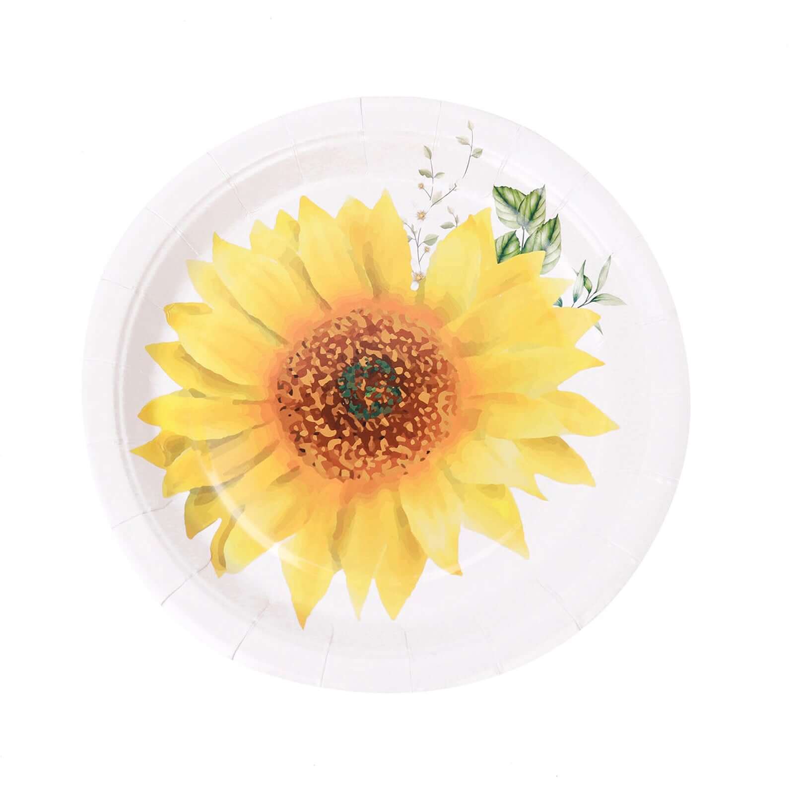 25-Pack Paper 7 Round Dessert Plates White with Sunflower Design - Disposable Salad Plates for Rustic Events & Garden Themes