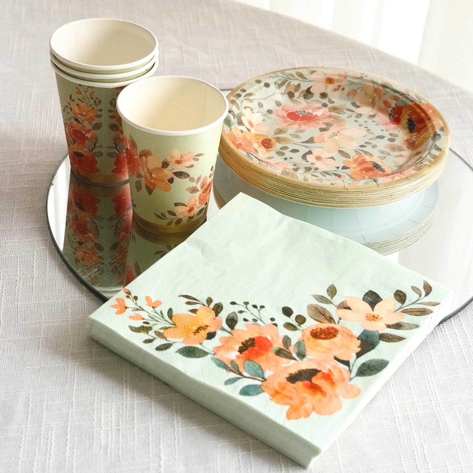 72 Pcs Paper Dinnerware Set with Pink Floral Print Sage Green - Disposable Tableware Combo-Pack with Plates and Cups