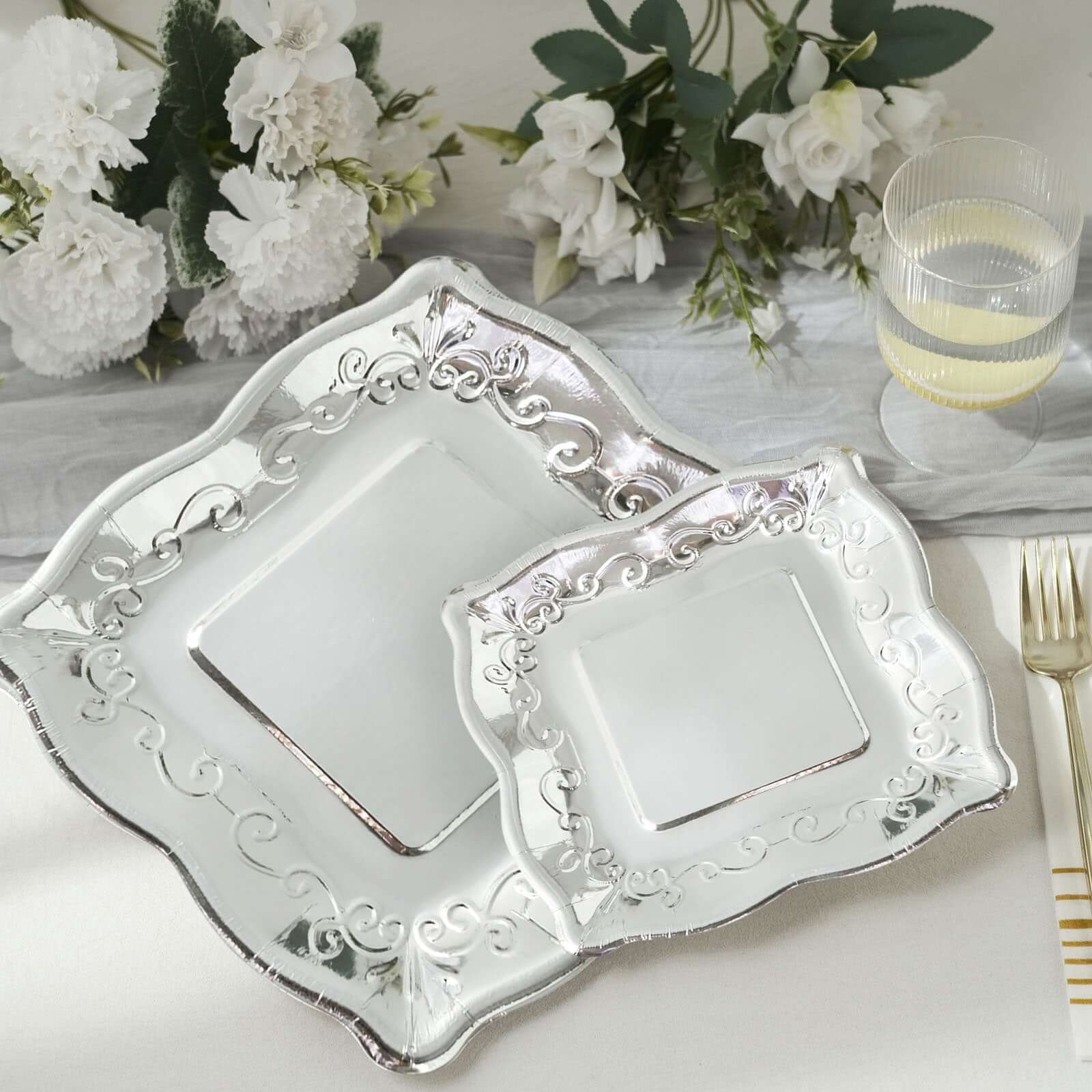 25-Pack Paper 7 Square Dessert Plates in Silver with Vintage Pottery Embossed Design - Shiny Metallic Disposable Appetizer Plates