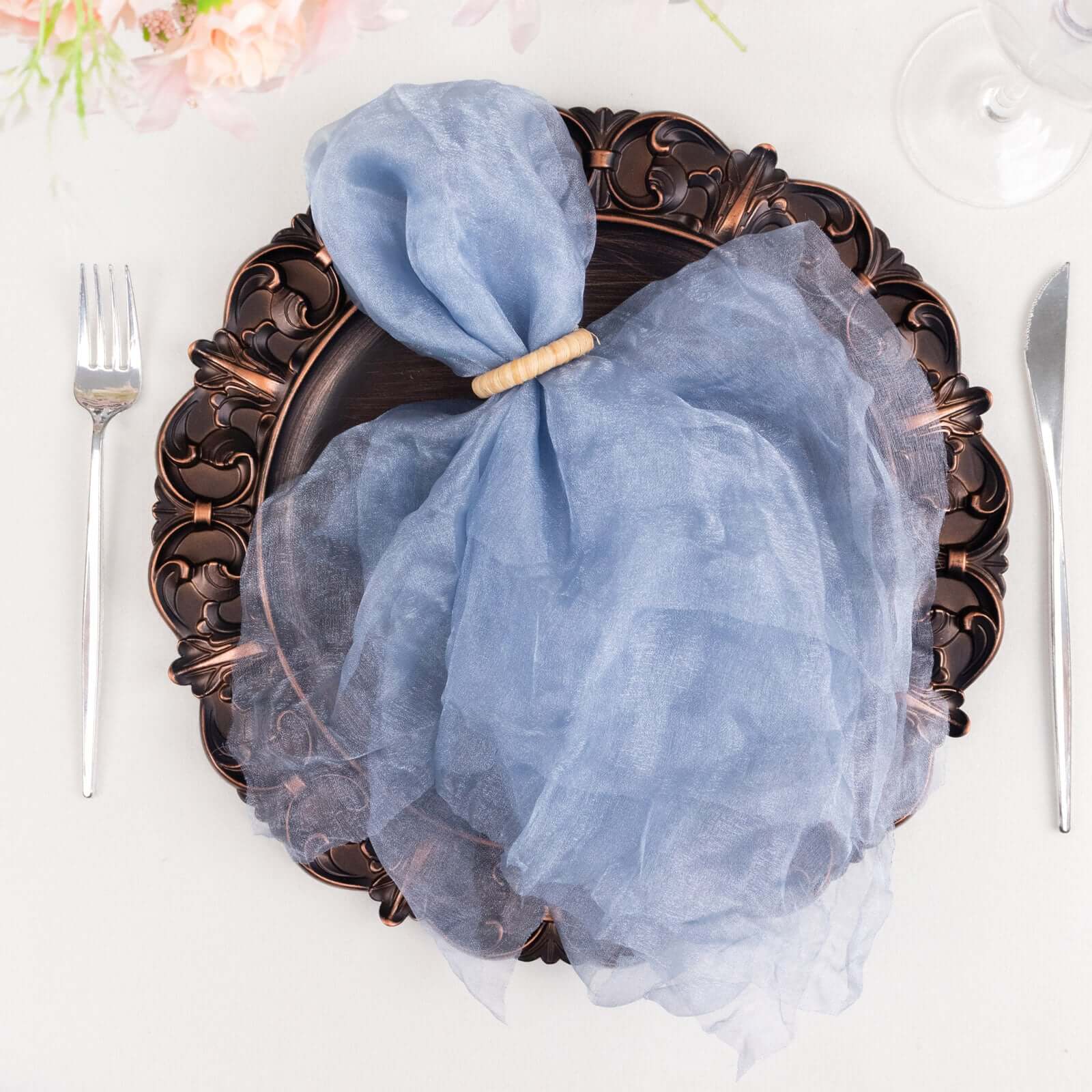 5 Pack Crinkled Organza 21x21 Napkins Dusty Blue - Rustic Style Dinner & Party Napkins