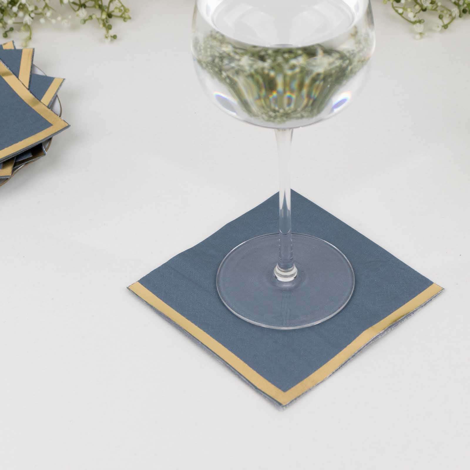 50-Pack Paper Beverage Napkins Dusty Blue with Gold Foil Edge - 2 Ply Disposable Soft 18GSM Cocktail Napkins 5x5