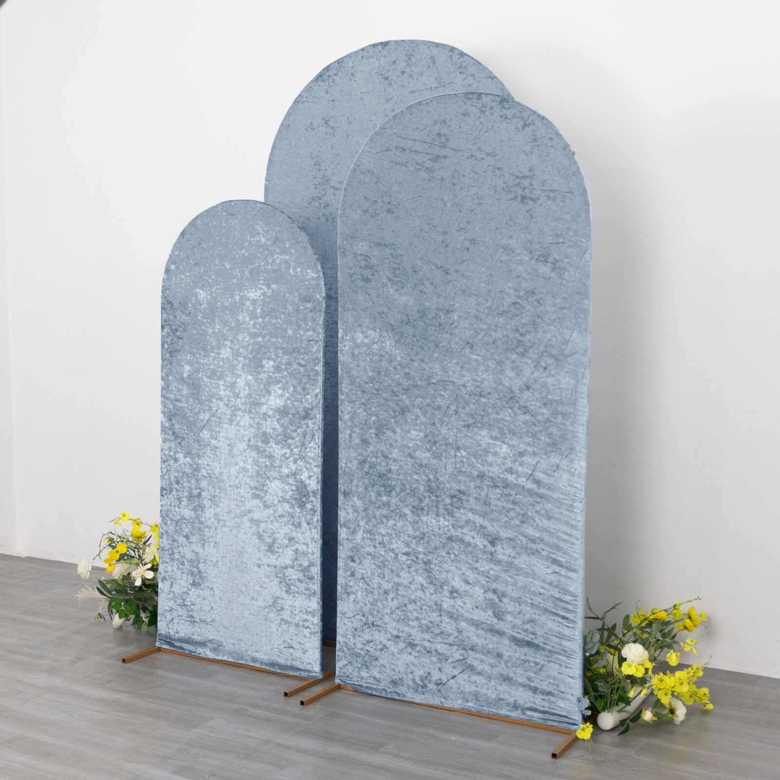 Set of 3 Dusty Blue Crushed Velvet Chiara Backdrop Stand Covers For Round Top Wedding Arches - 5ft, 6ft, 7ft