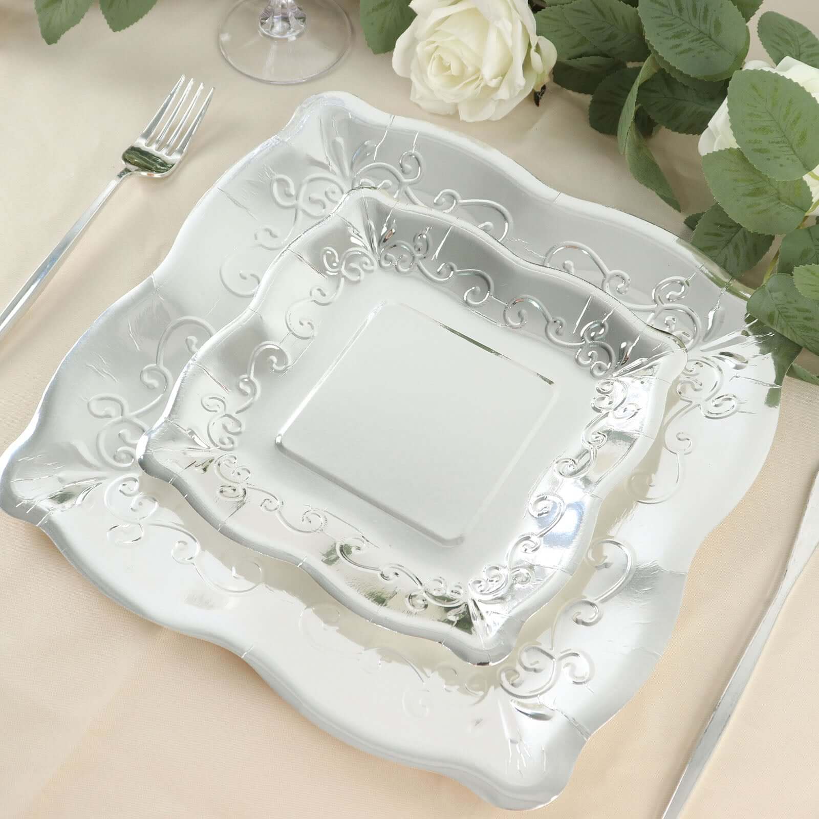 25-Pack Paper 7 Square Dessert Plates in Silver with Vintage Pottery Embossed Design - Shiny Metallic Disposable Appetizer Plates