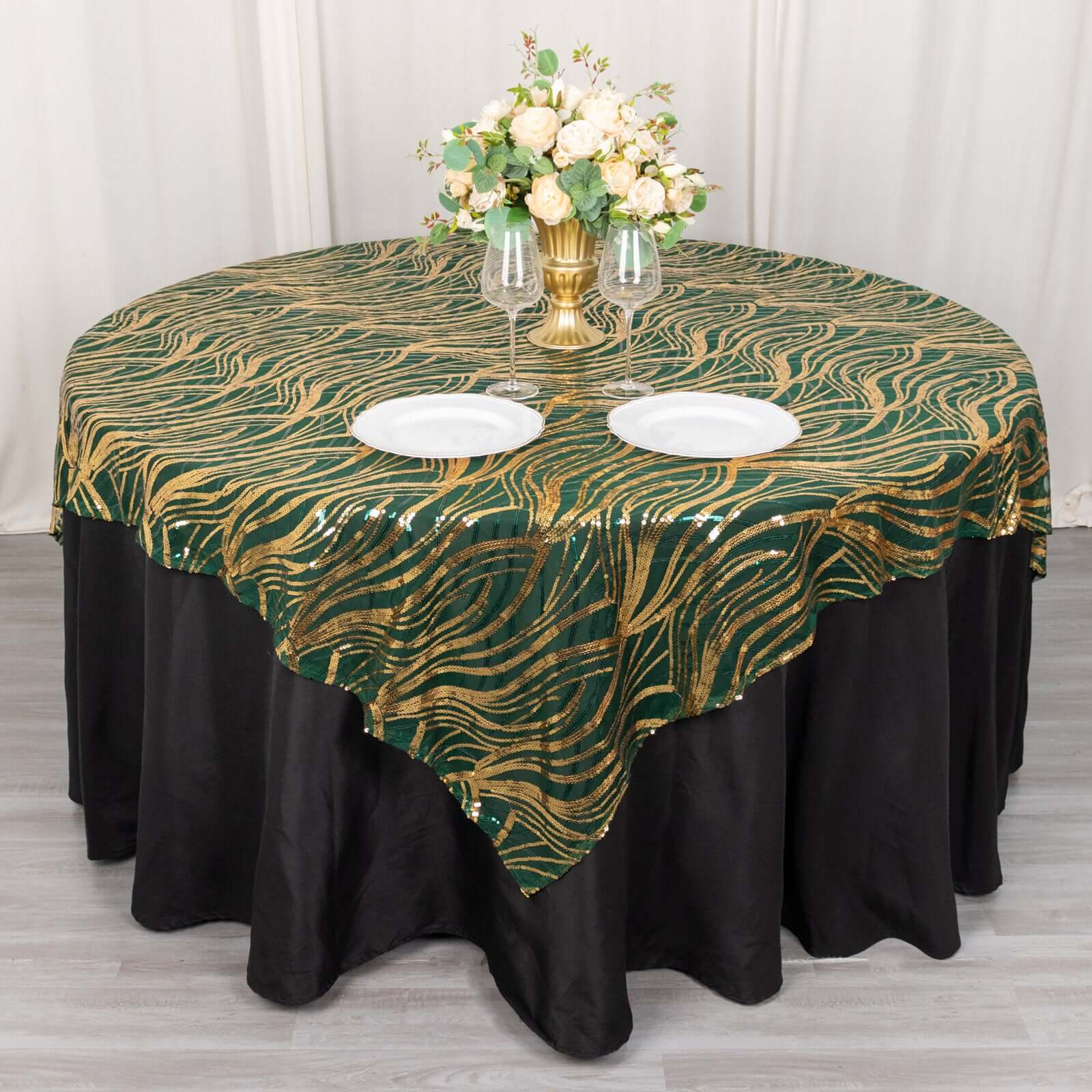 Mesh 72x72 Table Overlay Square Tablecloth Hunter Emerald Green - Wave Embroidered Sequins Table Topper