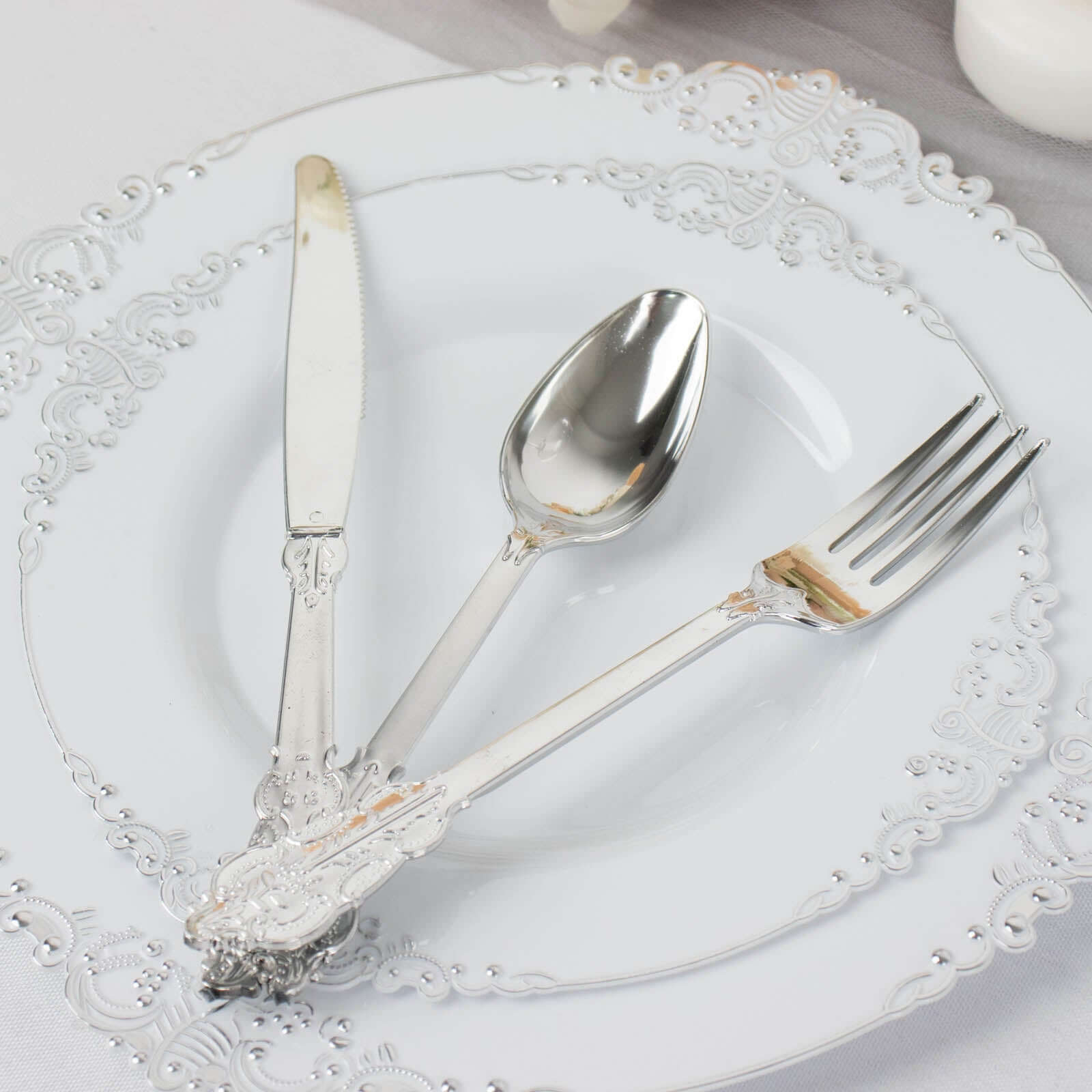 72 Pcs Plastic Silverware Set in Baroque Style Metallic Silver - Heavy Duty Disposable Knife, Fork, and Spoon Set