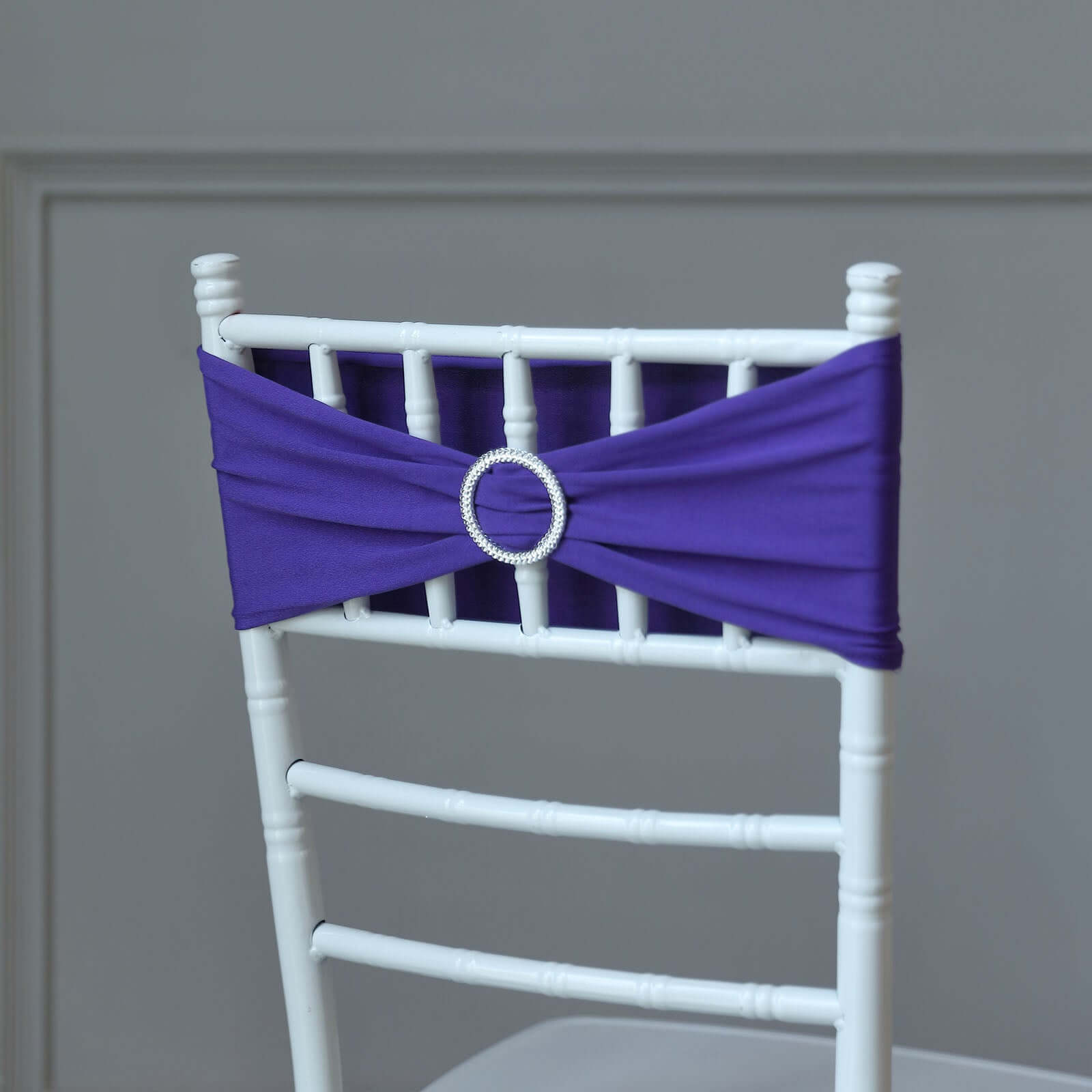 5 Pack Stretch Spandex Chair Sashes Purple - Reusable Chair Bands with Silver Diamond Ring Slide Buckle 5x14