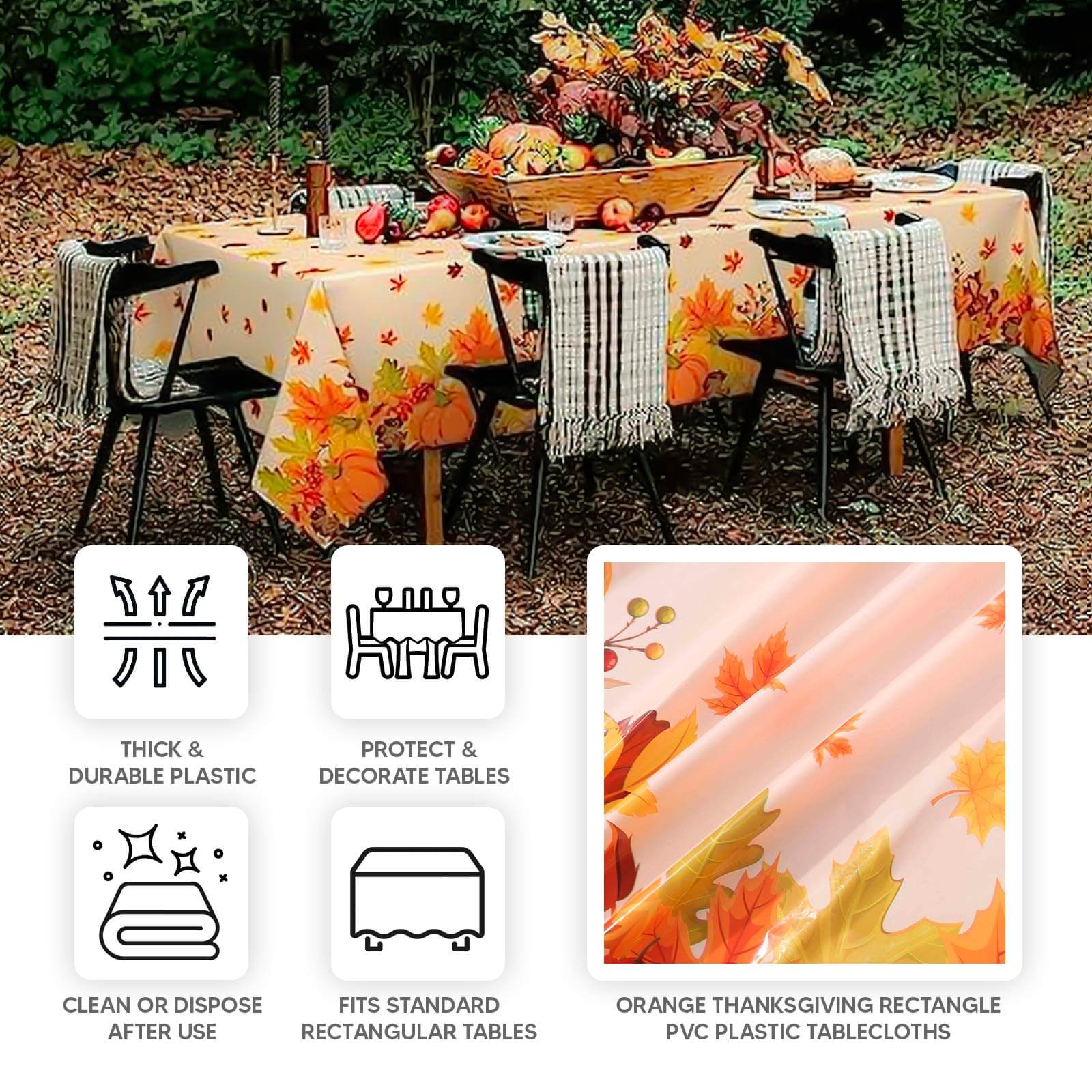 5-Pack Plastic Tablecloths Orange Thanksgiving Rectangle with Fall Leaves Pumpkin Print - Festive PVC Disposable Table Covers 54x108