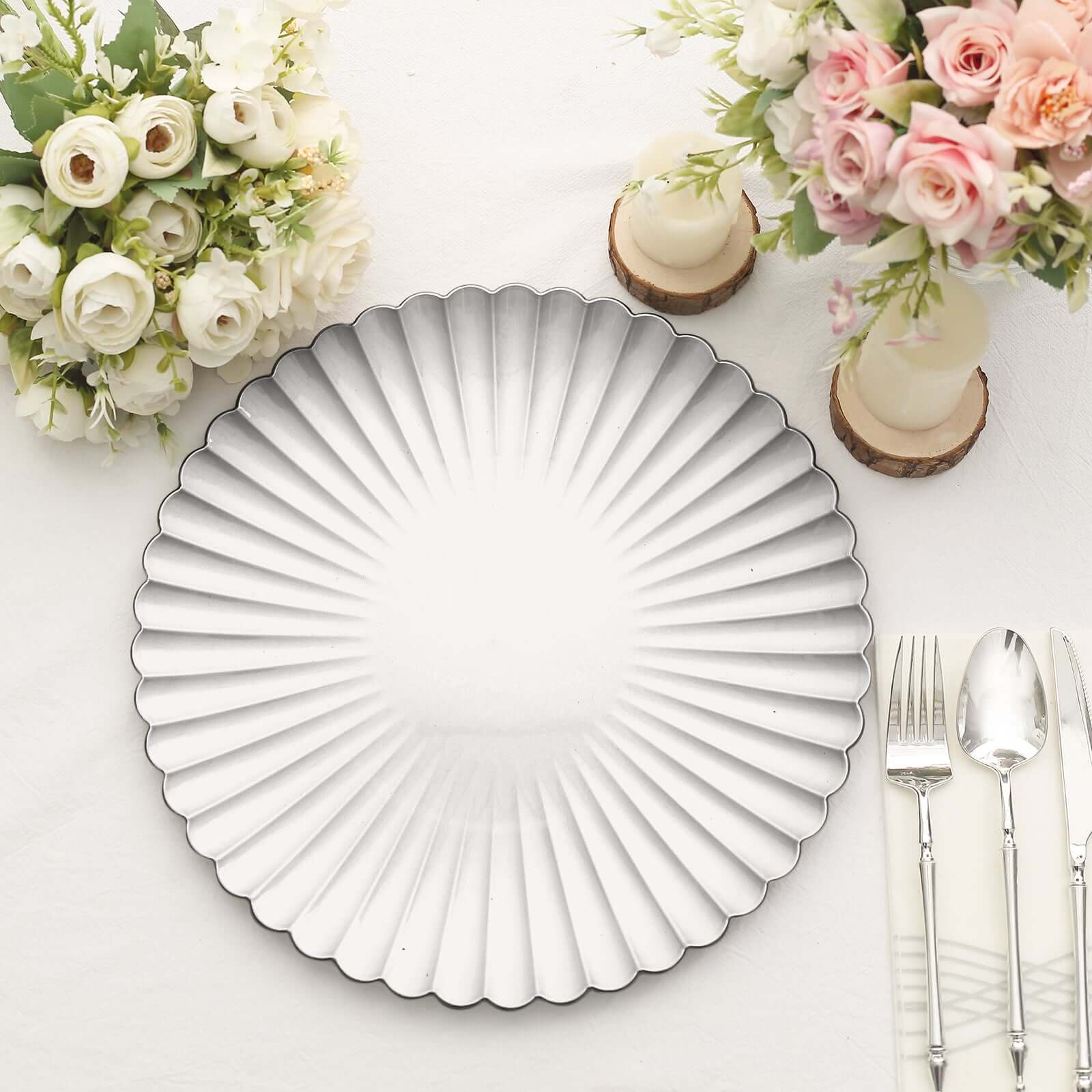 6-Pack Plastic Round Charger Plates 13 in Silver with Scalloped Shell Pattern, Coastal Inspired Disposable Charger Tableware