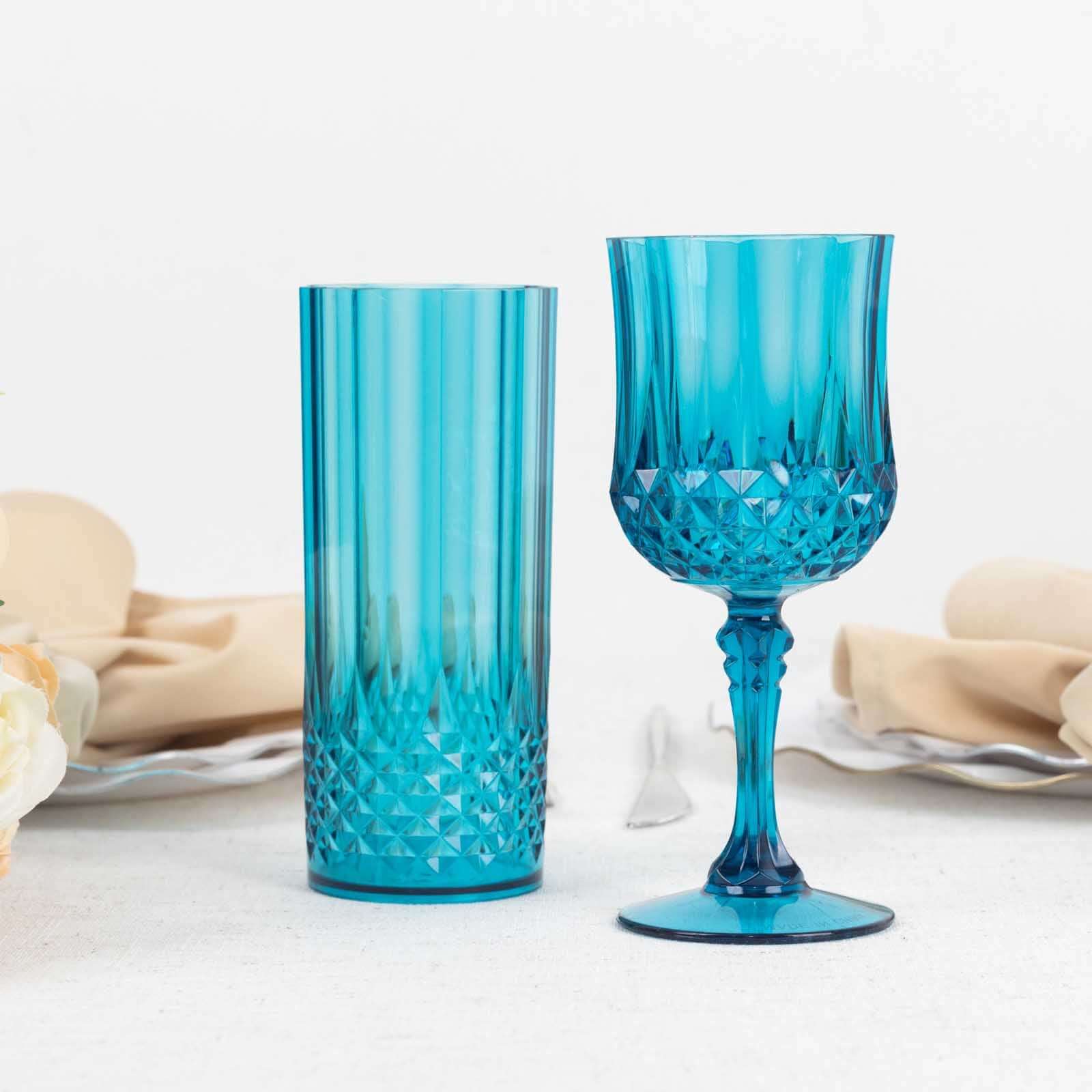 6-Pack Plastic Cocktail Goblets Ocean Blue Transparent Crystal Cut - Shatterproof Drinkware 8oz