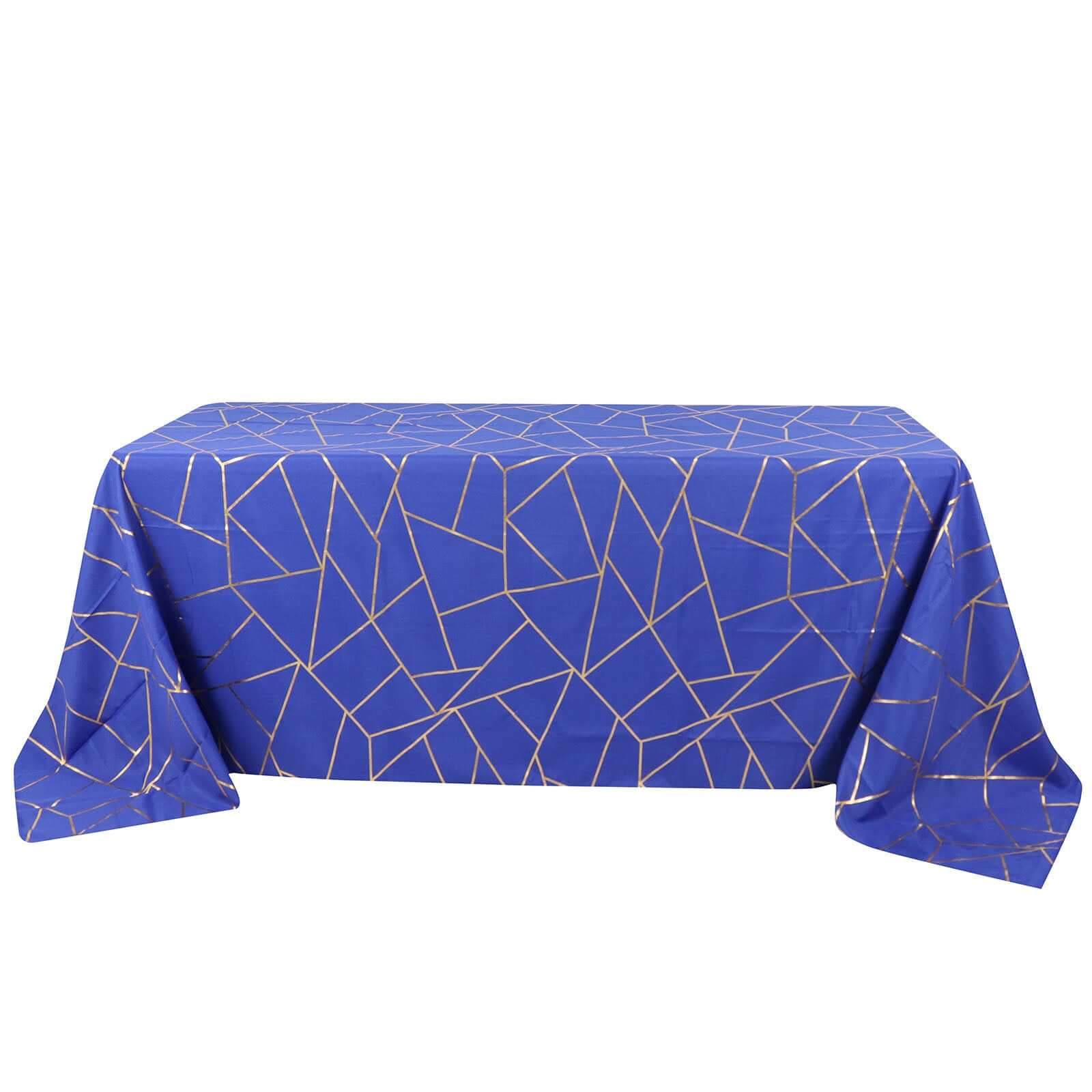 Polyester 90x132 Rectangle Tablecloth Royal Blue with Gold Foil Geometric Pattern - Wrinkle-Resistant Seamless Table Cover