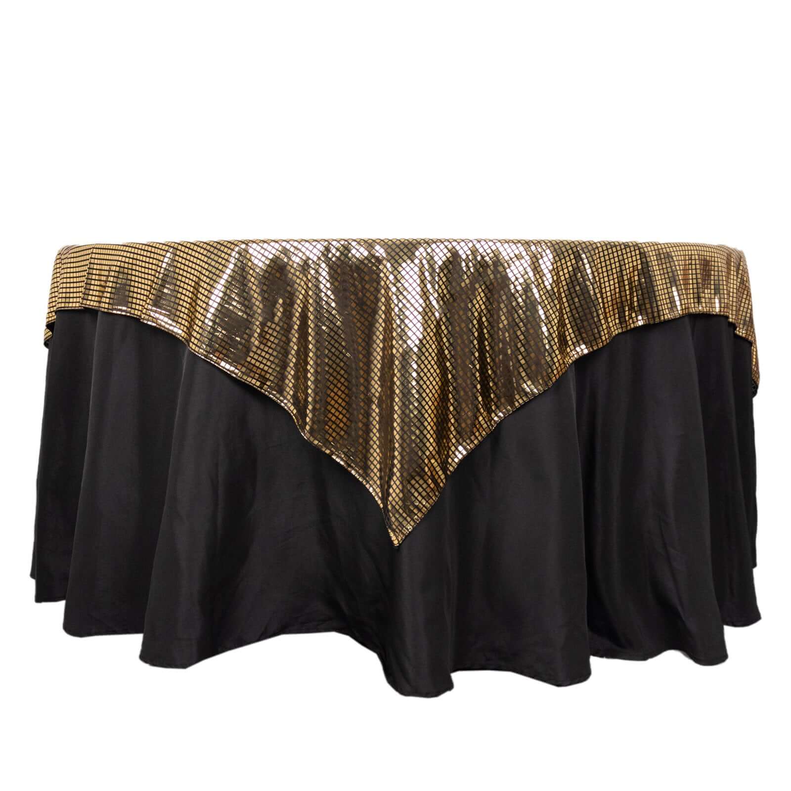 Polyester 72x72 Table Overlay Square Tablecloth Black - Gold Foil Disco Mirror Ball Design for Stylish Celebrations