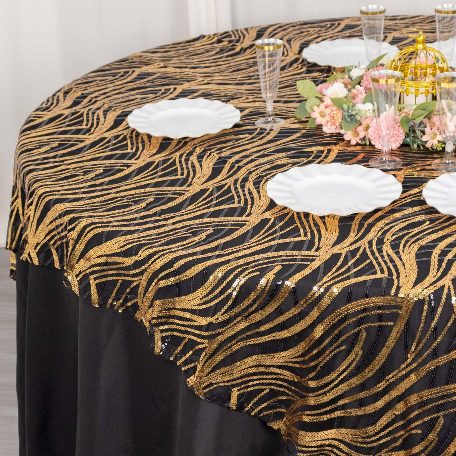 Mesh 72x72 Table Overlay Square Tablecloth Black Gold - Wave Embroidered Sequins Table Topper