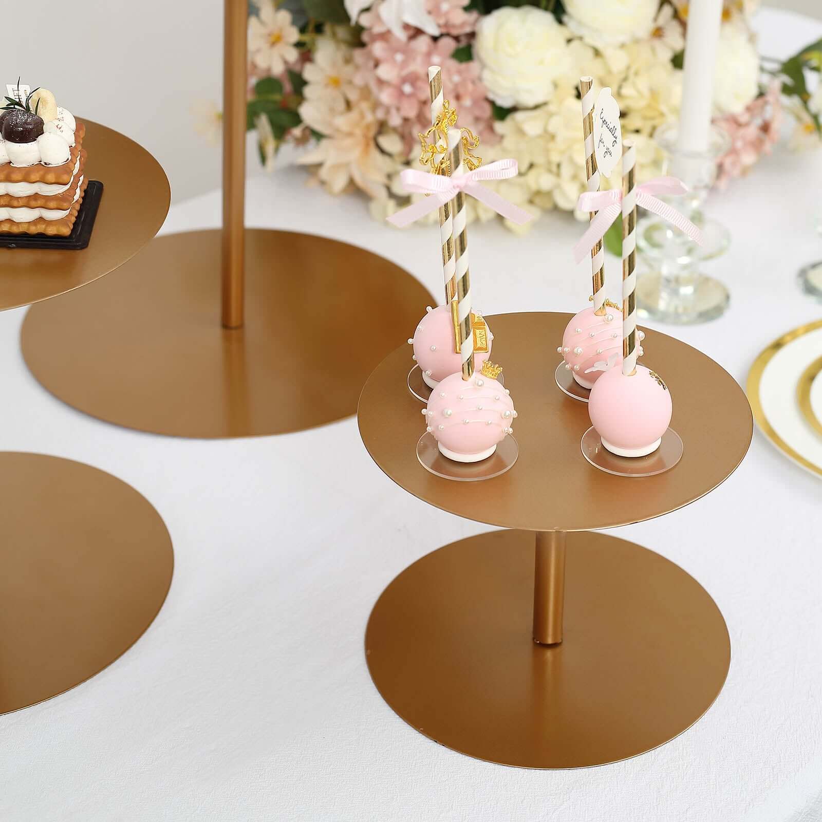 Set of 3 Metal Pedestal Cake Stands Heavy Duty Round Design Gold - Cupcake Dessert Display Props 8, 10, 12