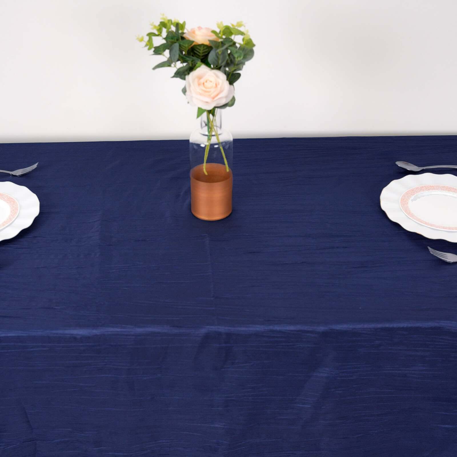 Taffeta 90x132 Rectangle Tablecloth Navy Blue - Seamless Accordion Crinkle Table Cover