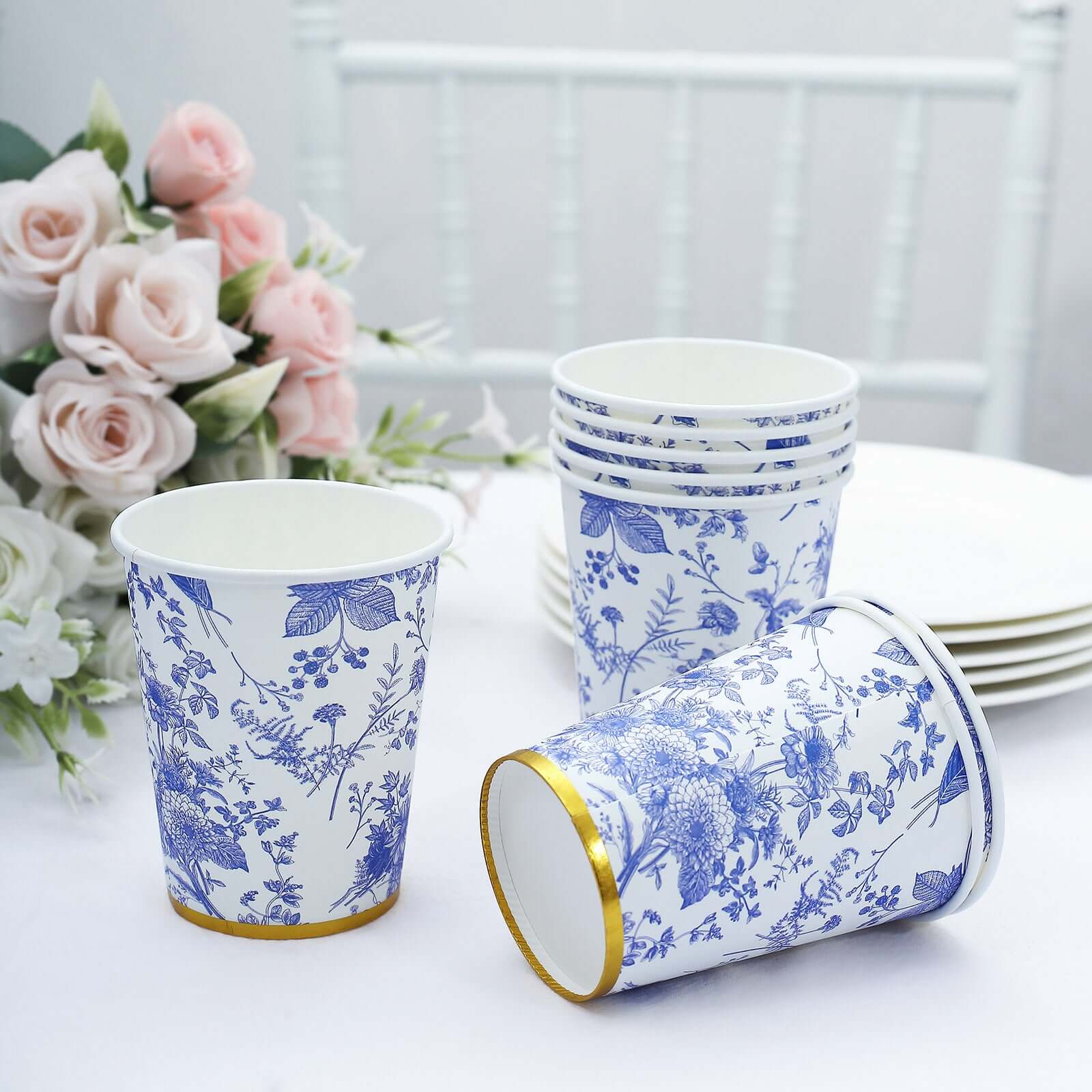 24-Pack Paper Cups in White with Light Blue French Toile Print - Stylish Disposable Floral Party Cups with Gold Rim for Hot & Cold Beverages 9oz