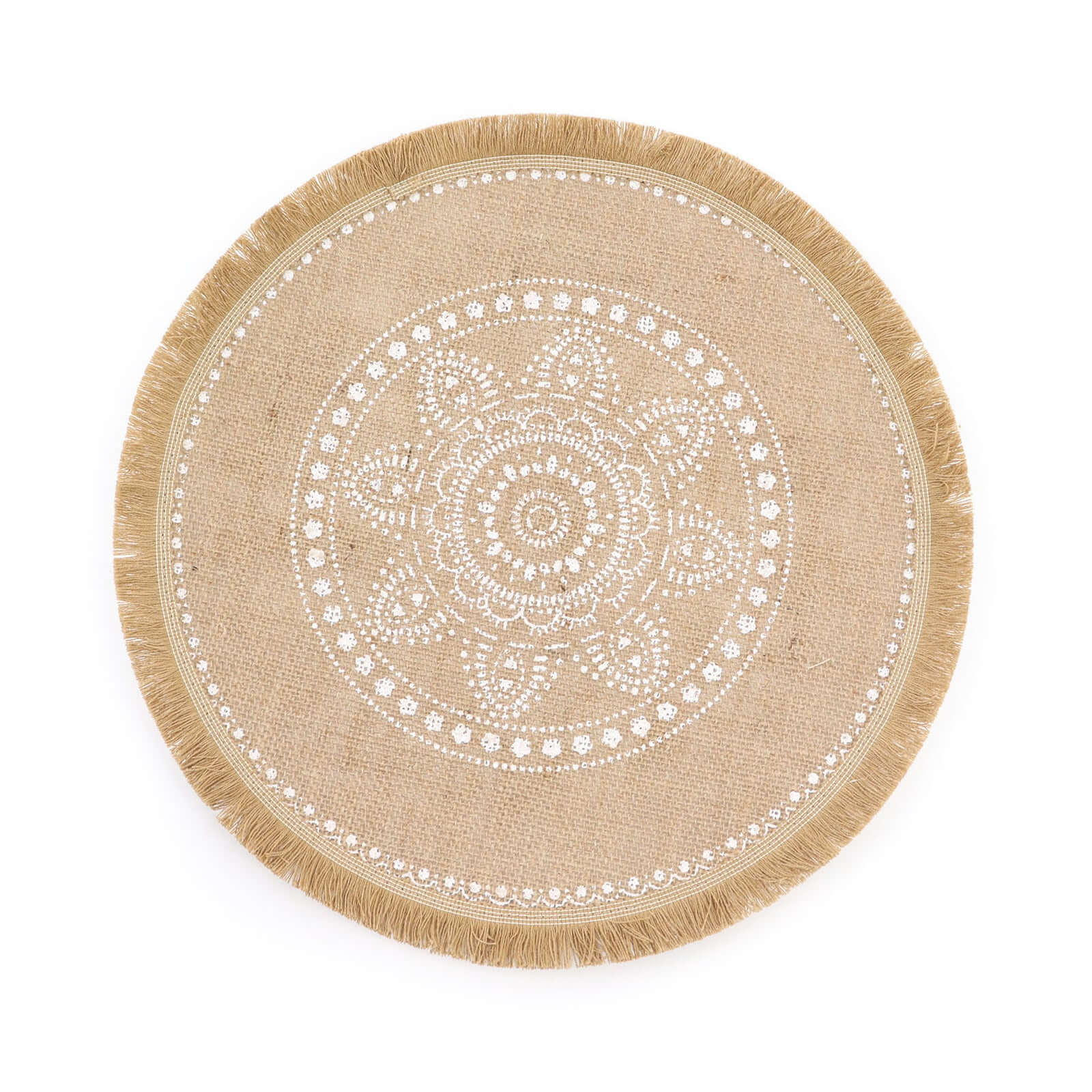 4-Pack Placemats White Embroidery Print Design Natural Jute Fringe Round - Rustic Burlap Woven Style 15