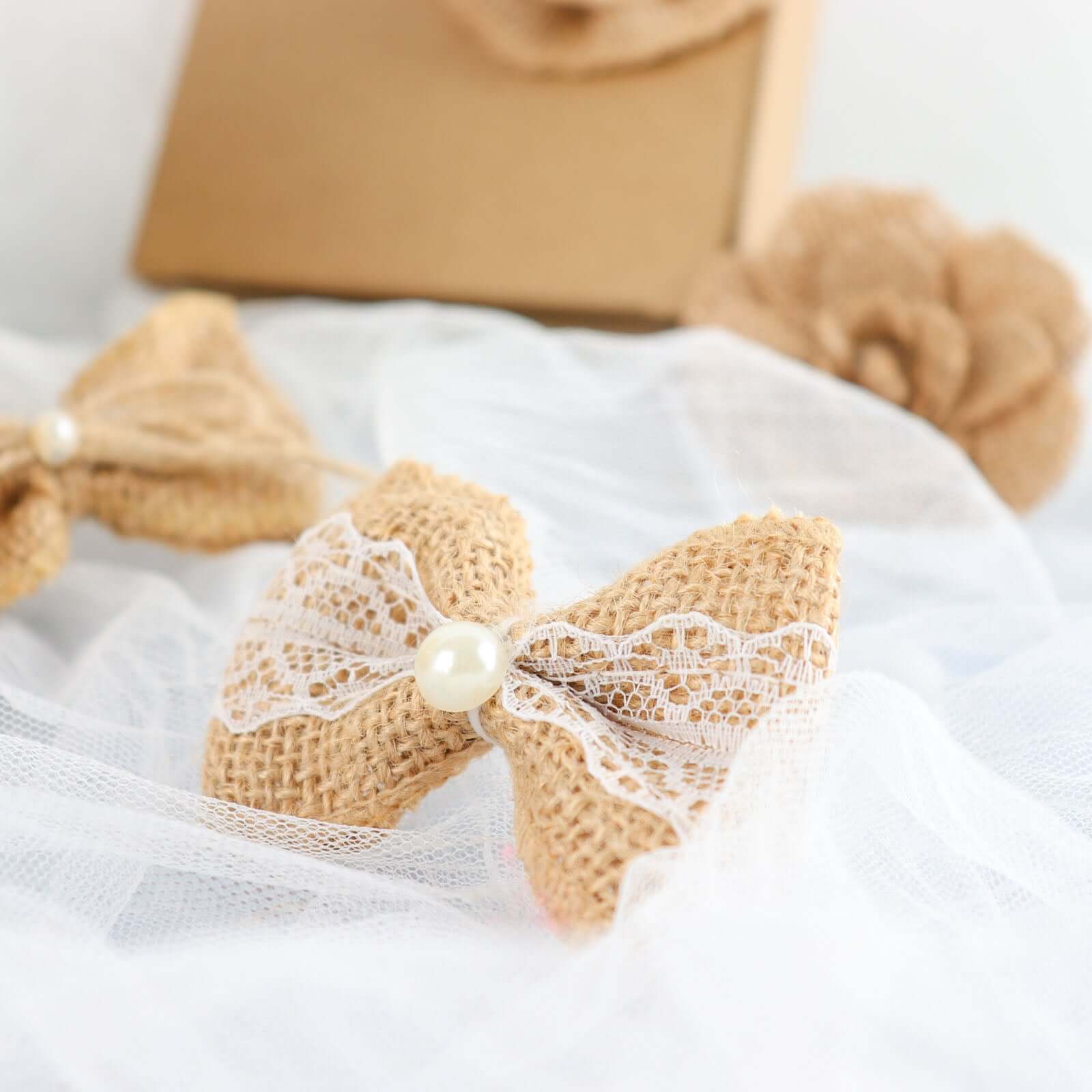 24 Pcs Natural Burlap Flower and Bows Set w Lace Ribbon Craft Supplies, DIY Jute Stick On Ribbon and Bows, 30 Sticker Dots Included, 8 Assorted Styles