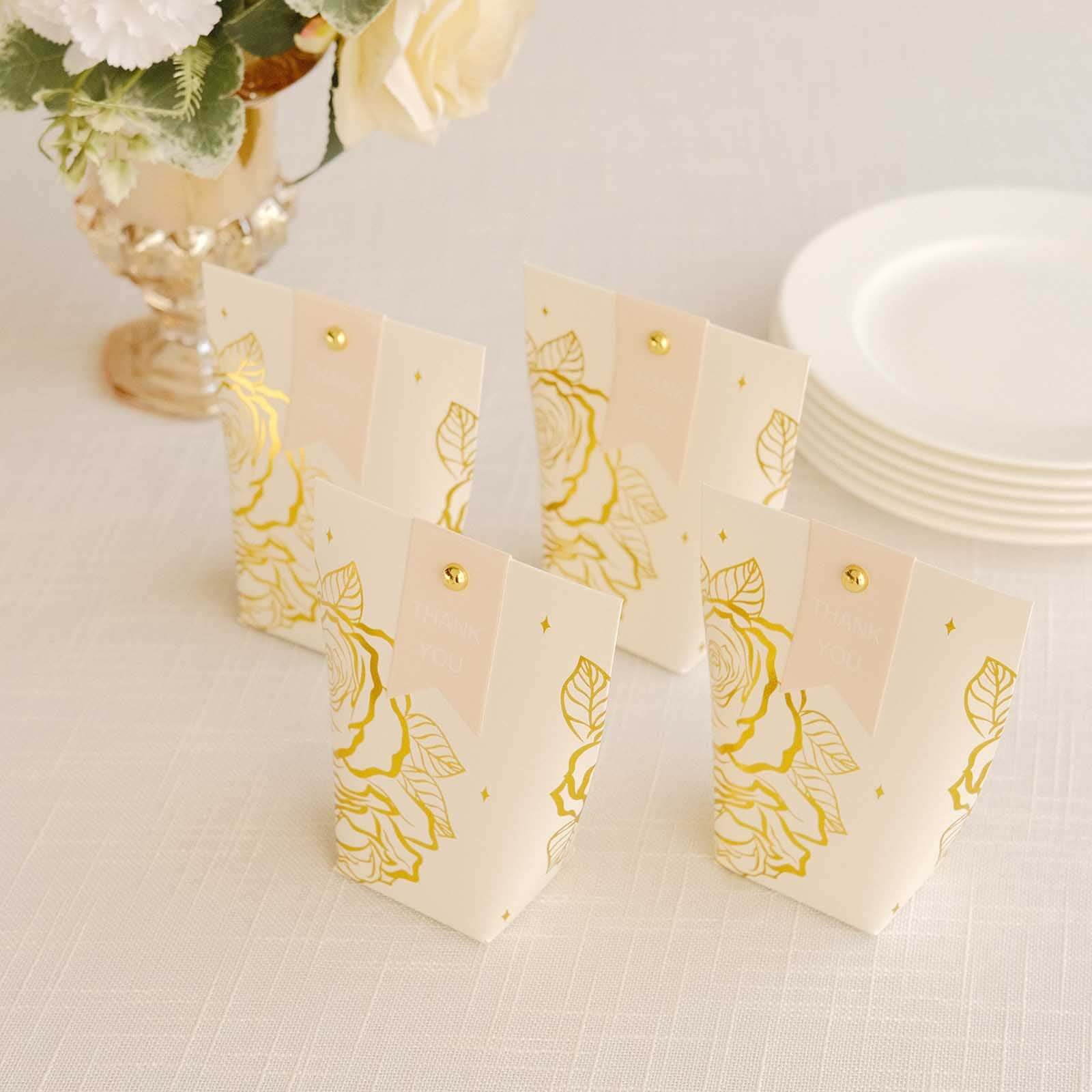 25 Pack White Paper Pouch Candy Gift Bags With Gold Rose Flower Print, Party Favor Boxes with Pin and Tags - 4.5x4