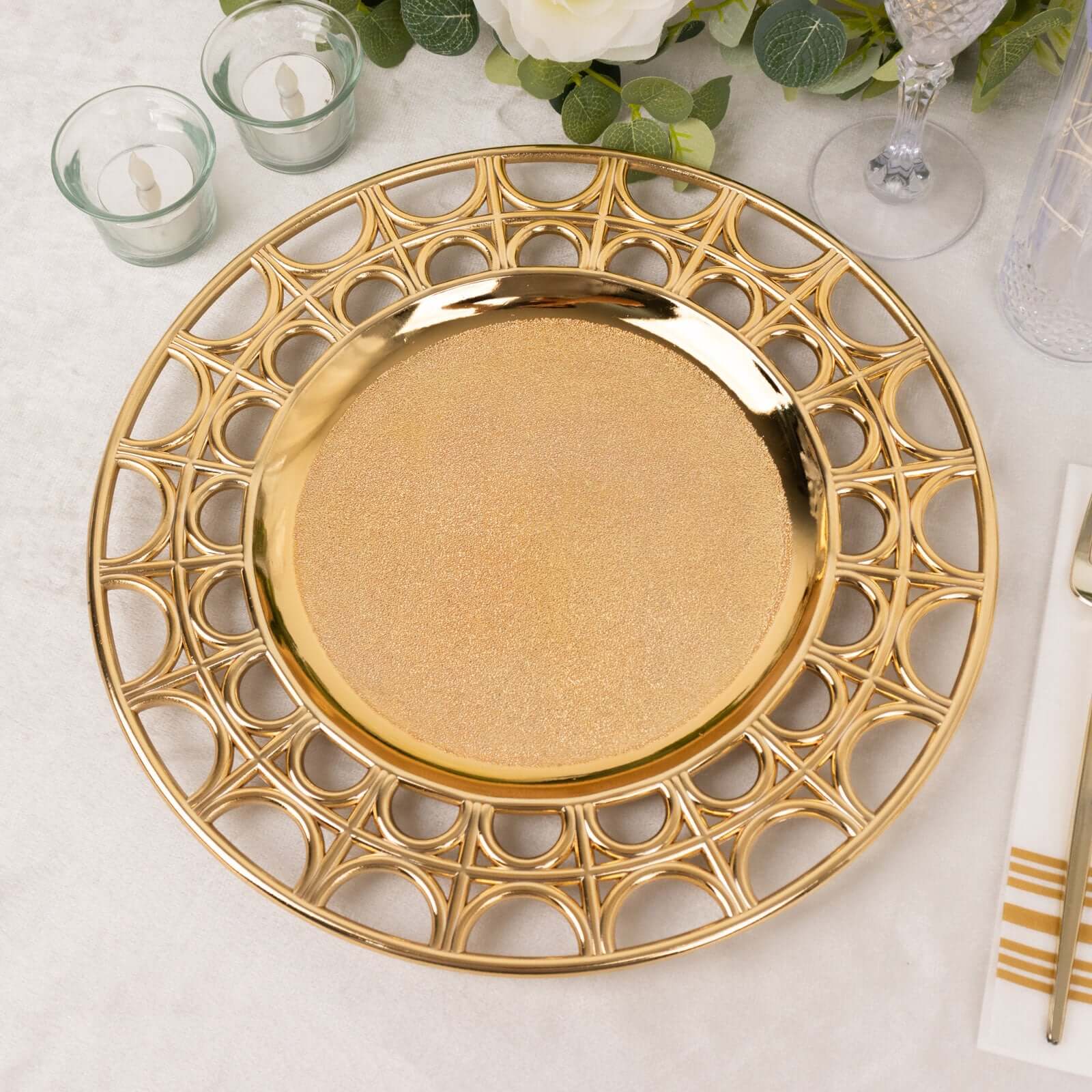 6-Pack Acrylic Round Charger Plates 13 in Metallic Gold with Hollow Semi Circle Rim, Plastic Decorative Charger Tableware