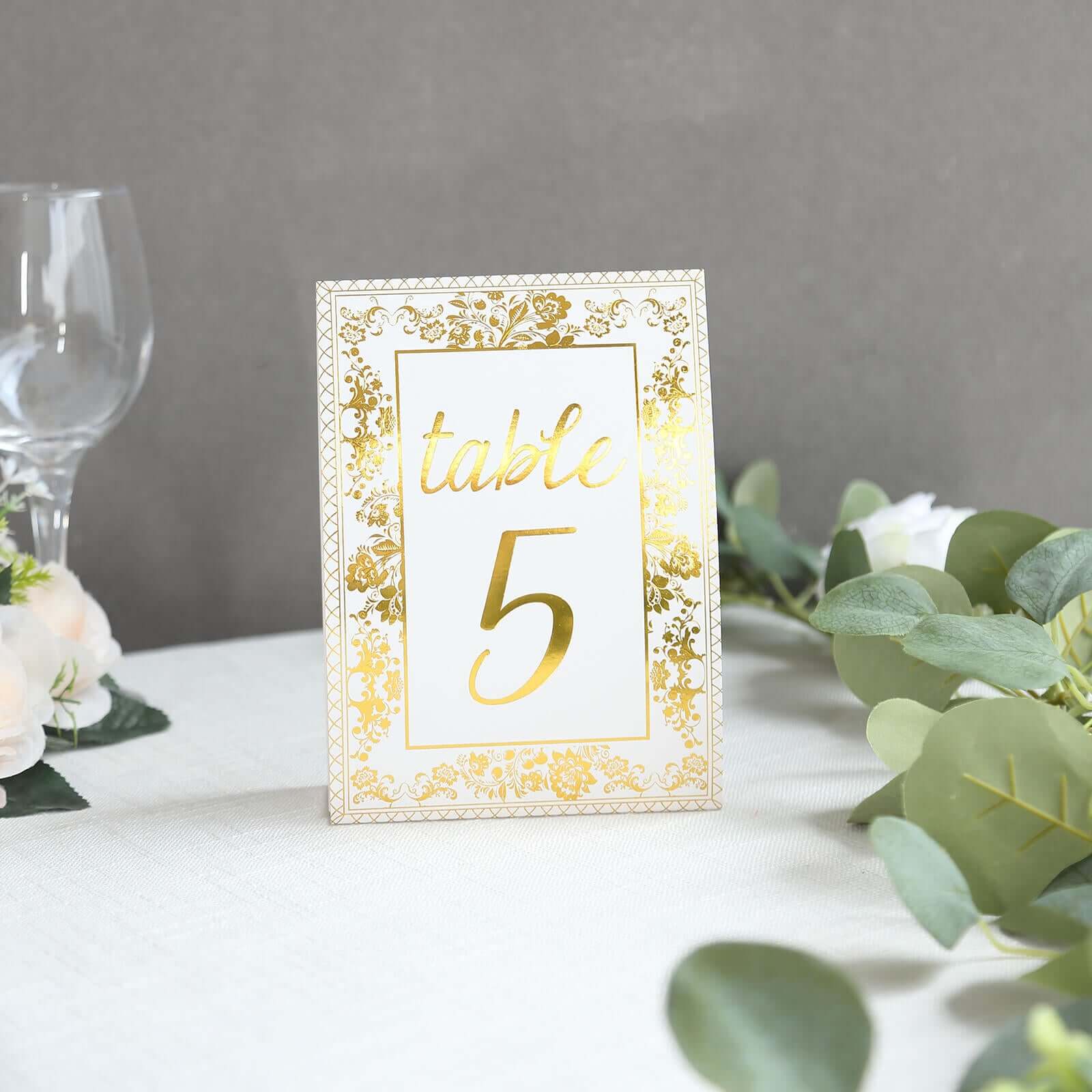 25-Pack Paper Wedding Table Numbers 1-25 White/Metallic Gold French Toile Design - Free Standing Double Sided Table Signs with Glam Gold Foil Numbers 7