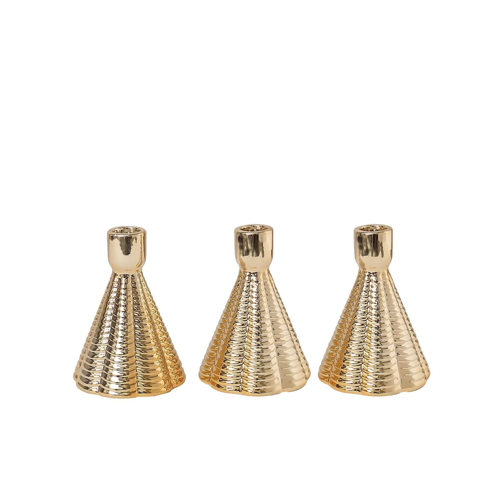 3-Pack Ceramic Taper Candle Holders Ribbed Cone Shaped Design Metallic Gold - Candlestick Stands for Decor 5