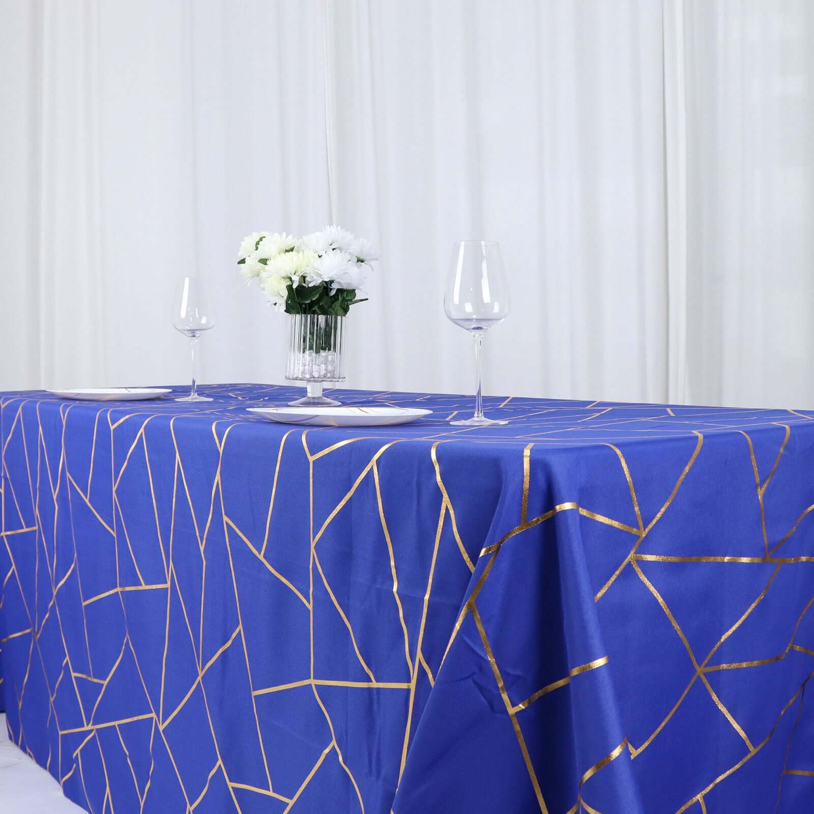 Polyester 90x132 Rectangle Tablecloth Royal Blue with Gold Foil Geometric Pattern - Wrinkle-Resistant Seamless Table Cover