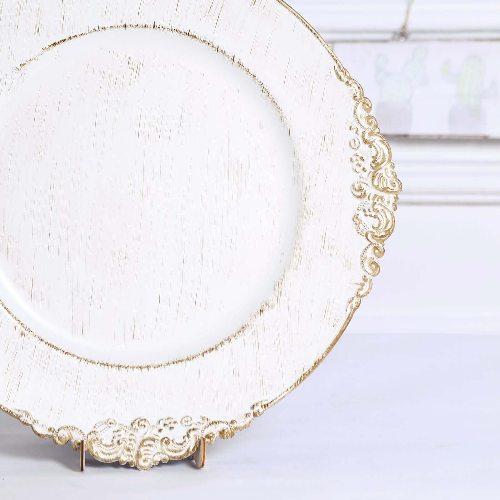 6-Pack Acrylic Round Charger Plates 13 in White Washed with Gold Embossed Baroque Rim, Antique Decorative Dinner Party Charger Tableware