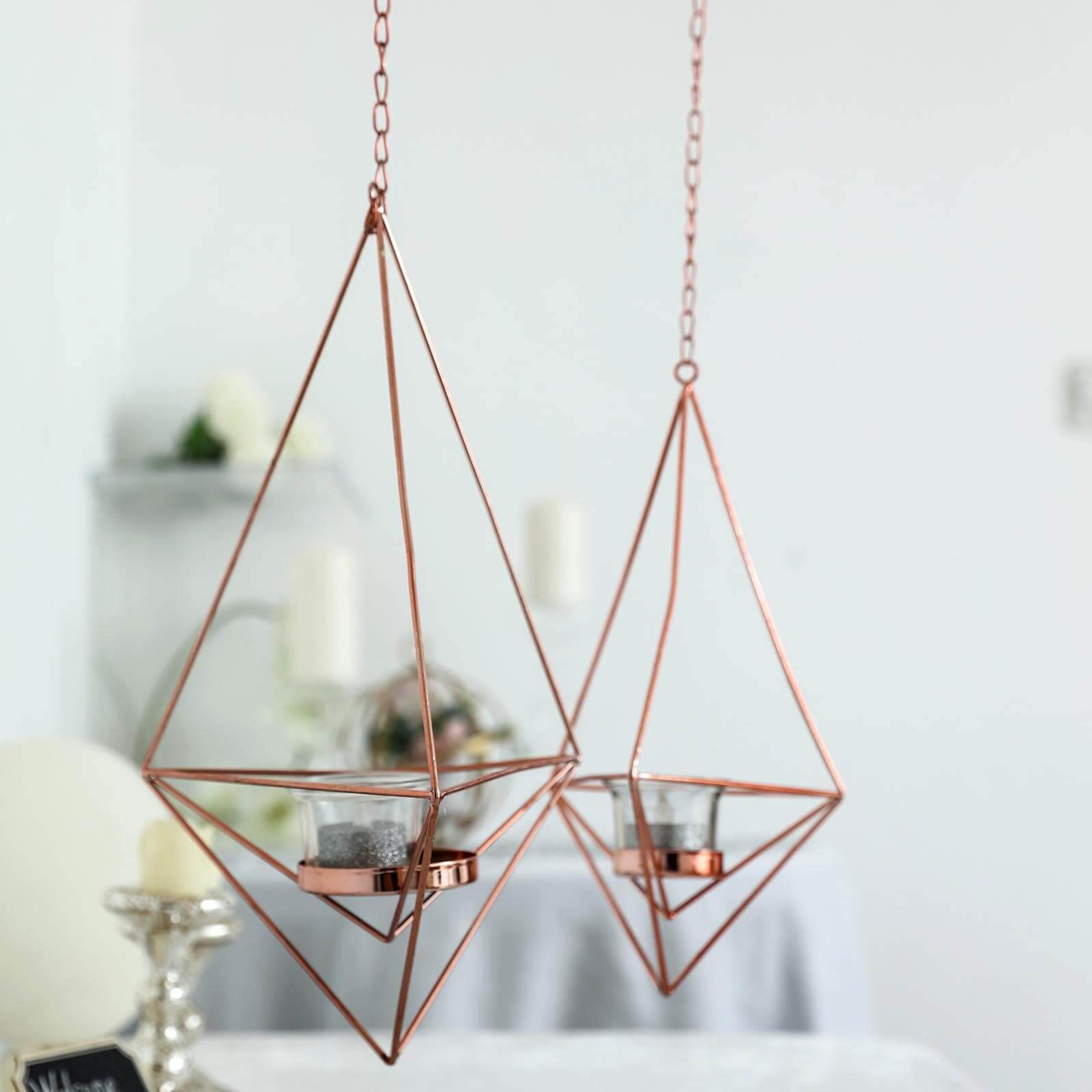 Set of 2 Hanging Tealight Candle Holders Rose Gold Metal Diamond Geometric Open Frame - Flower Terrariums 12, 15