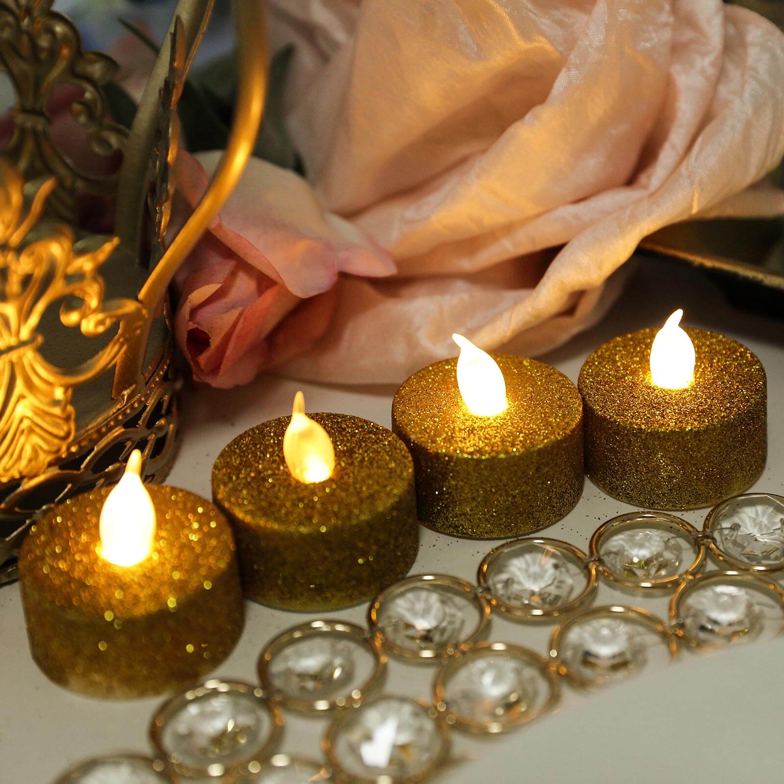 12-Pack LED Tealight Candles Glitter Gold Design - Flameless Battery Operated Tea Lights