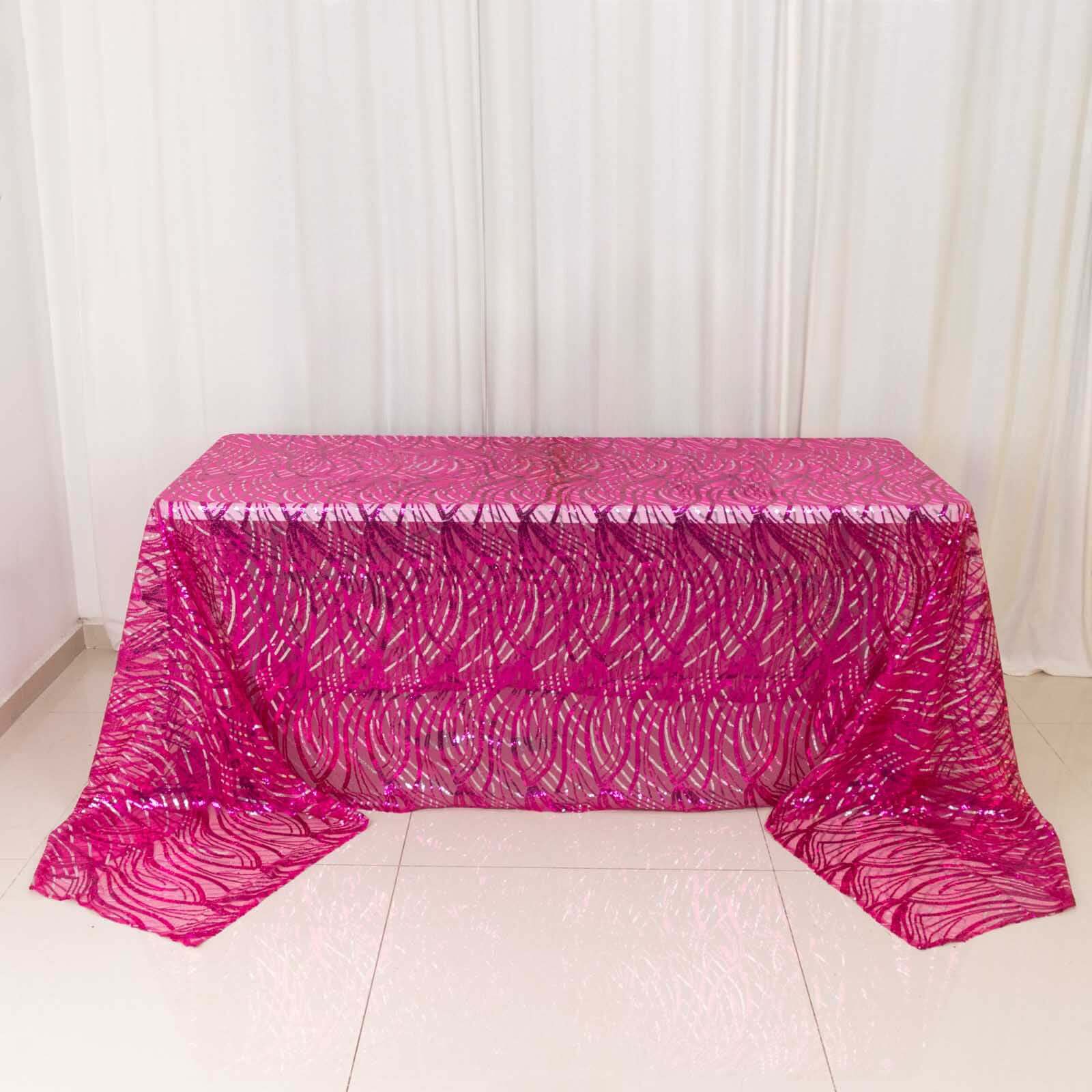 Mesh 90x156 Rectangle Tablecloth Fuchsia/Silver - Wave Sequin Embroidered Table Cover