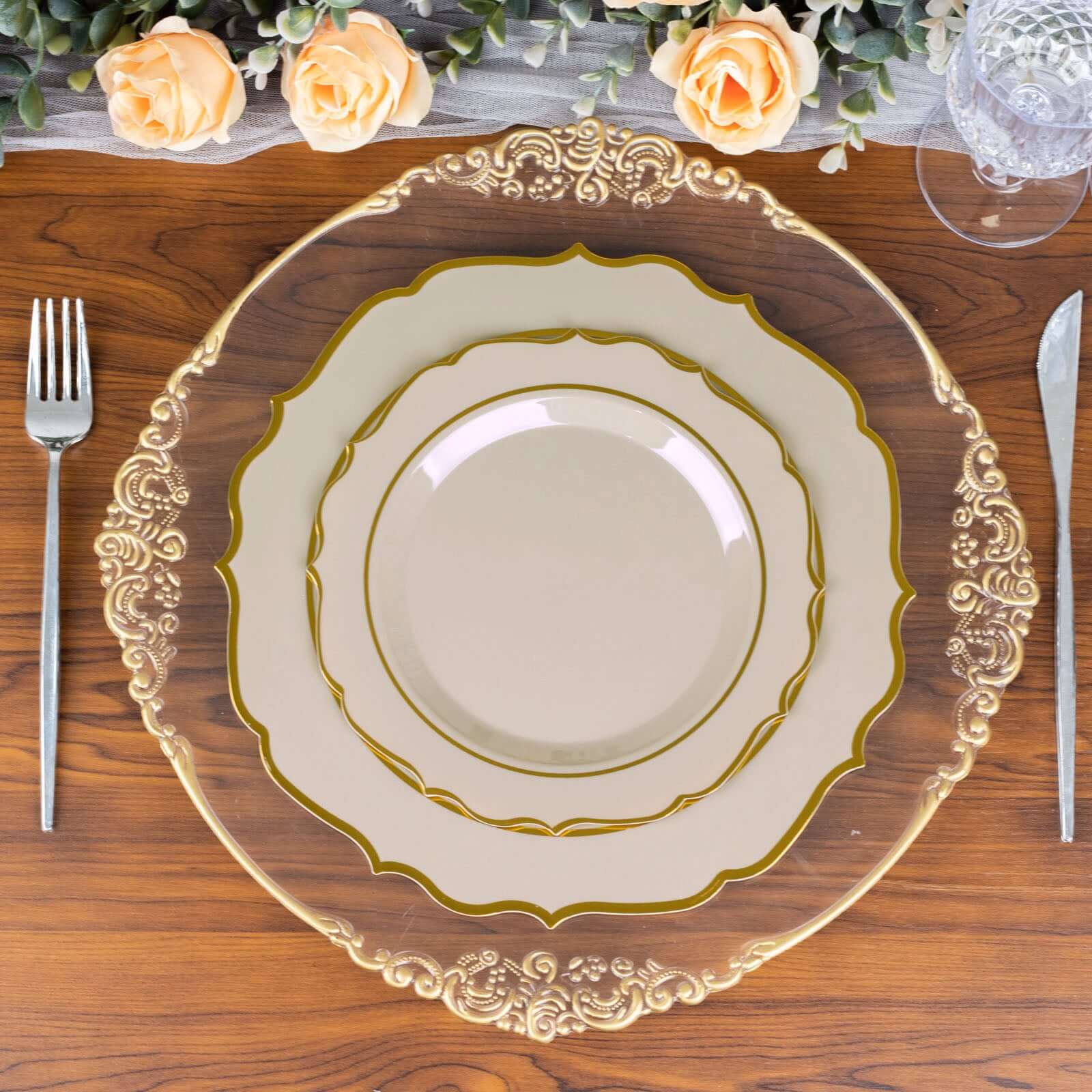 10-Pack Plastic 8 Round Desert Plates in Taupe with Gold Scalloped Rim - Disposable Appetizer/Salad Plates