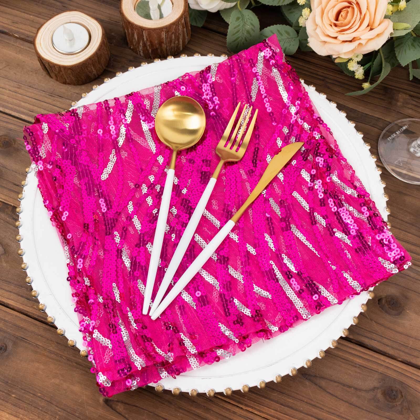 Sequin Mesh 20x20 Napkin Fuchsia Silver - Wave Embroidered Reusable Napkin