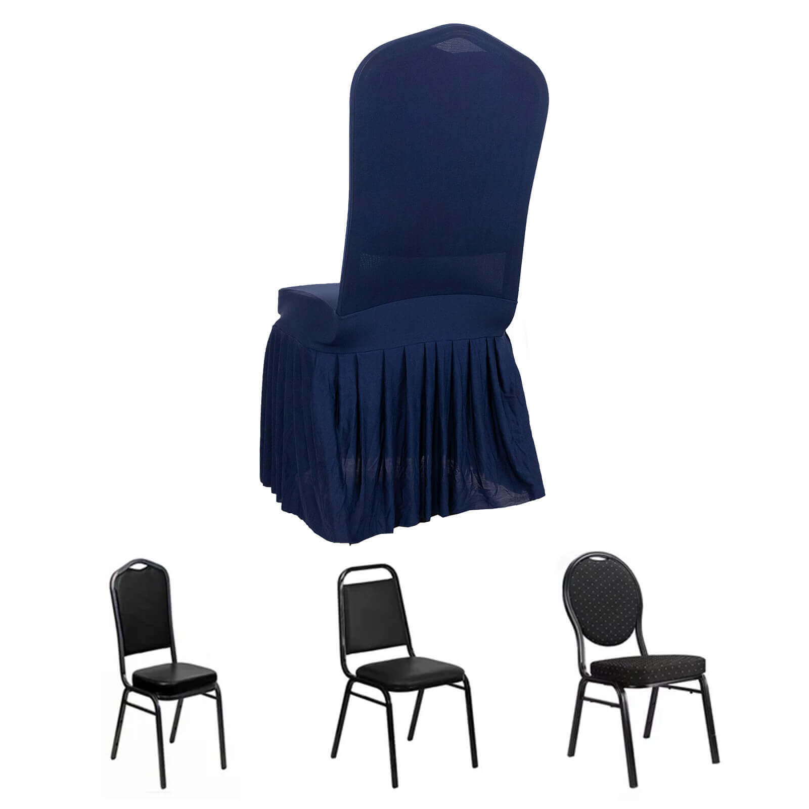 Spandex Chair Cover with Ruffle Pleated Skirt for Banquet Chairs Navy Blue - 1-Piece Stretch Fitted Slipcover