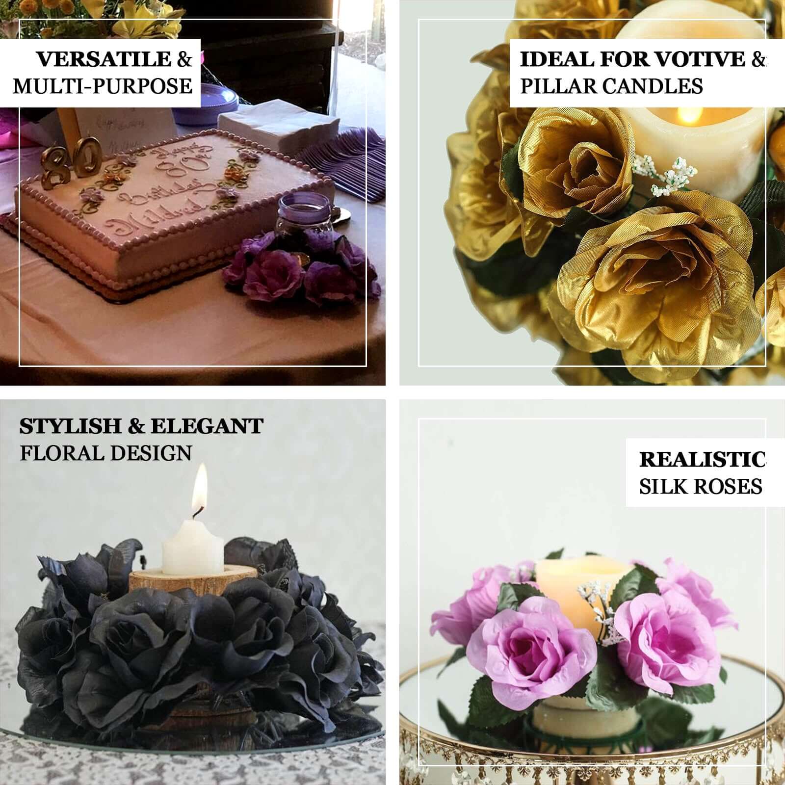 4 Pack 3 Black Red Artificial Silk Rose Flower Candle Ring Wreaths