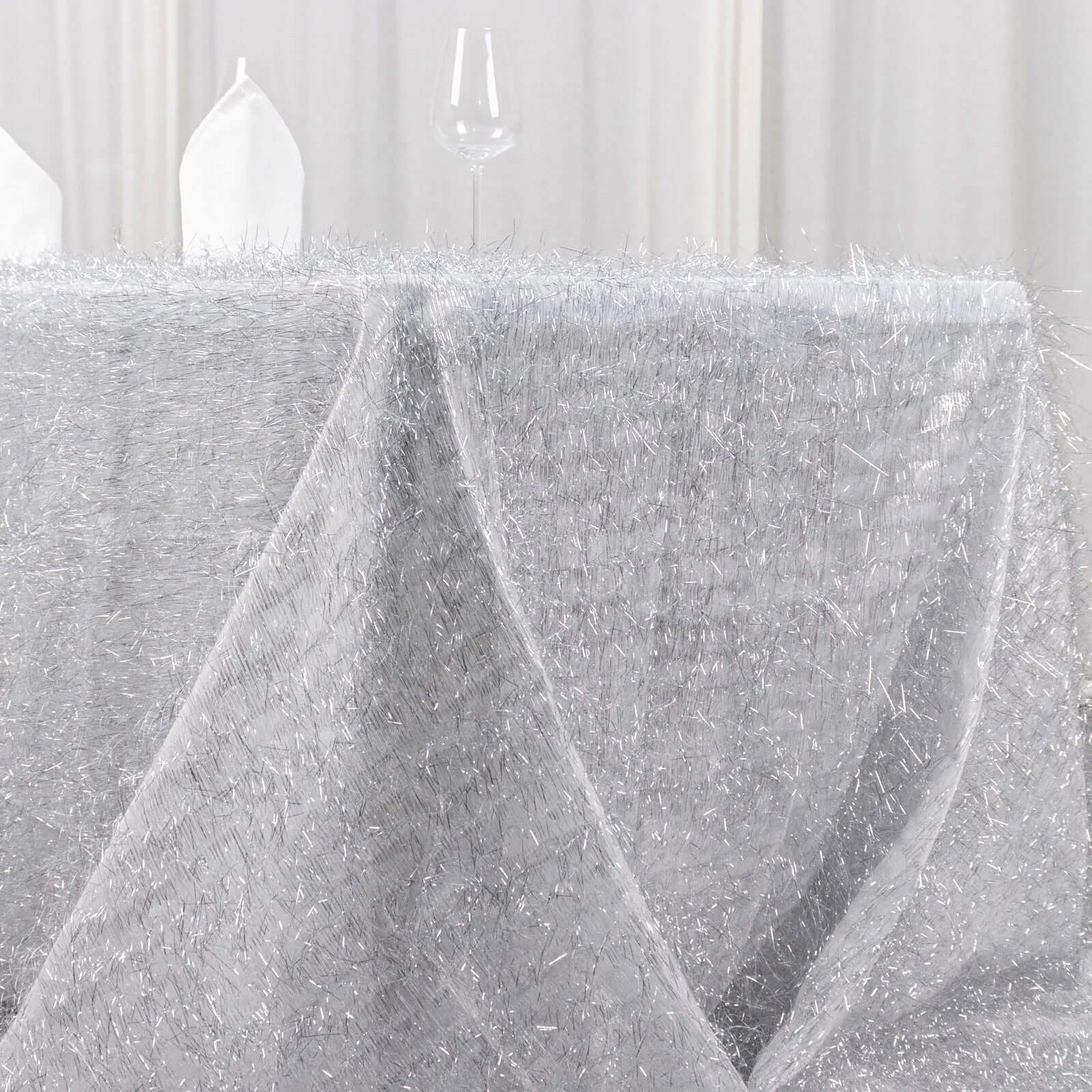 Polyester 90x156 Rectangle Tablecloth Silver Metallic Fringe Shag Tinsel Table Cover