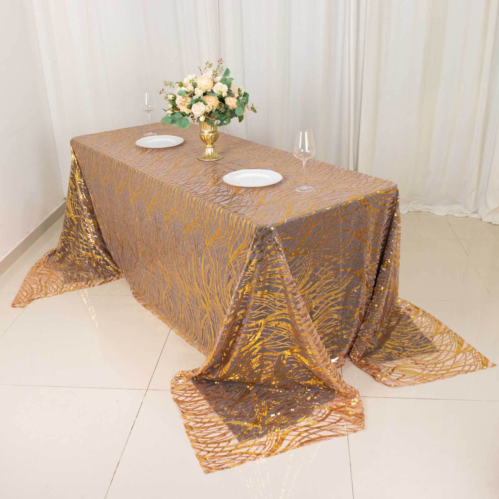 Mesh 90x156 Rectangle Tablecloth Rose Gold/Gold - Wave Sequin Embroidered Table Cover