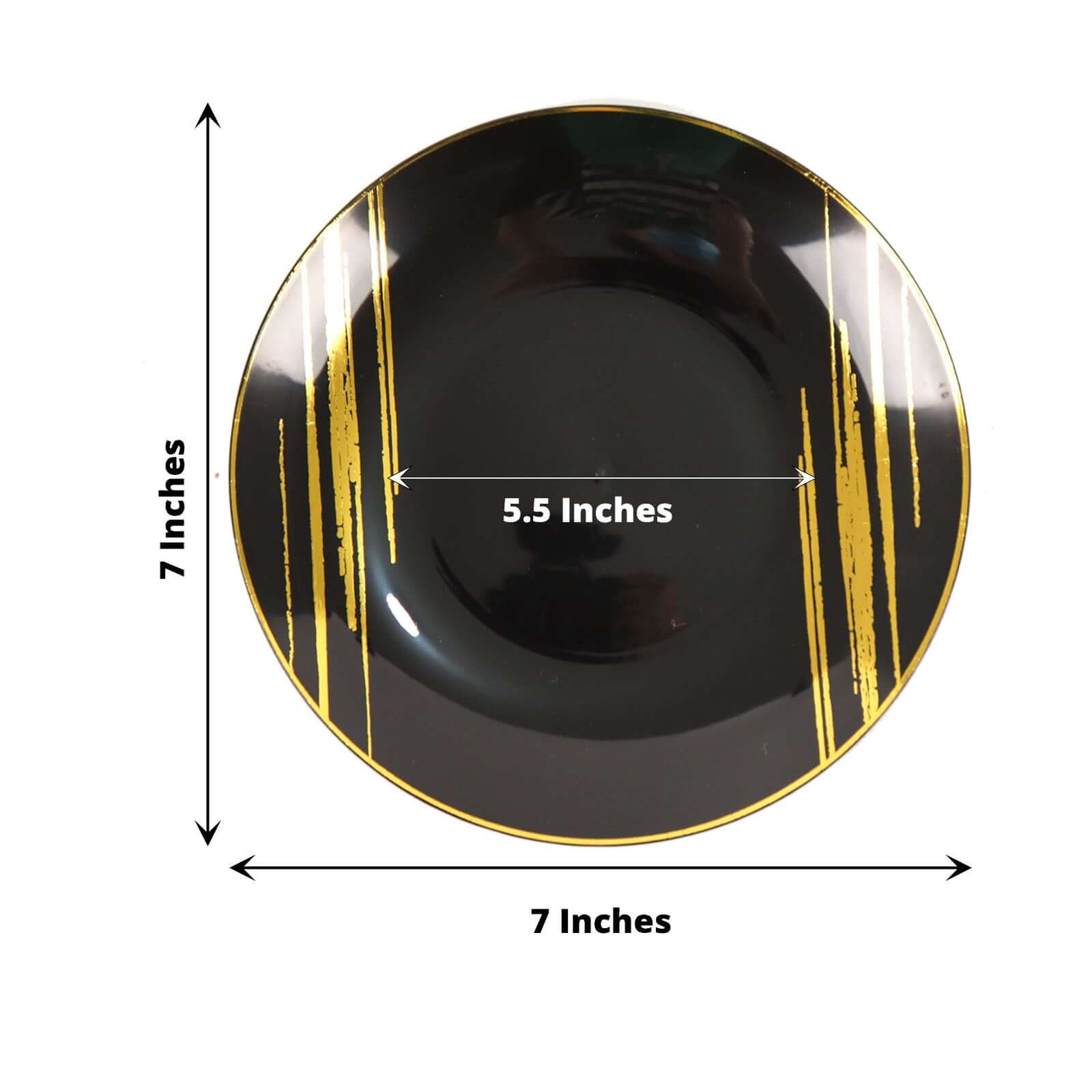 10-Pack Plastic 7 Round Dessert Plates in Black with Gold Brush Stroked Print - Disposable Appetizer Salad Plates for Modern Themed Events & Banquets