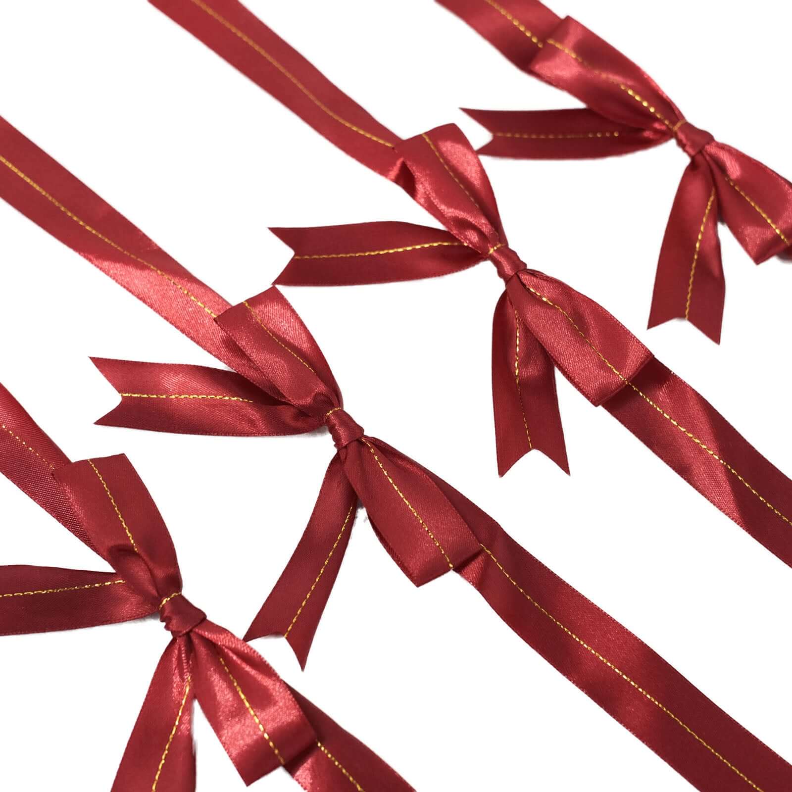 50 Pack Burgundy 10 Pre Tied Satin Ribbon Bows With Gold Foil Lining For Gift Basket and Party Favors Decor