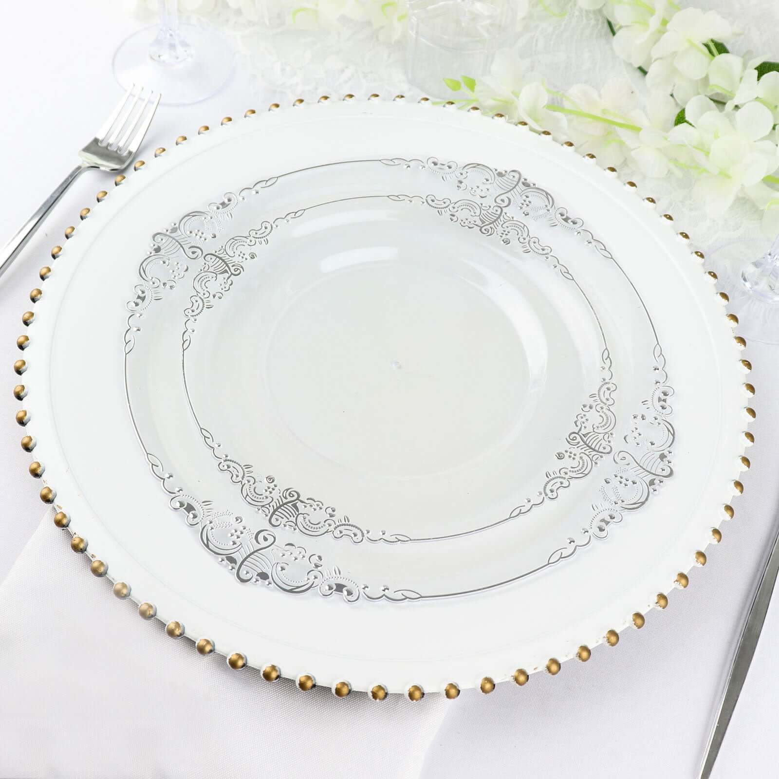 10-Pack Plastic 8 Round Dessert Plates in Clear with Silver Leaf Embossed Rim - Disposable Vintage Baroque Style Salad Plates