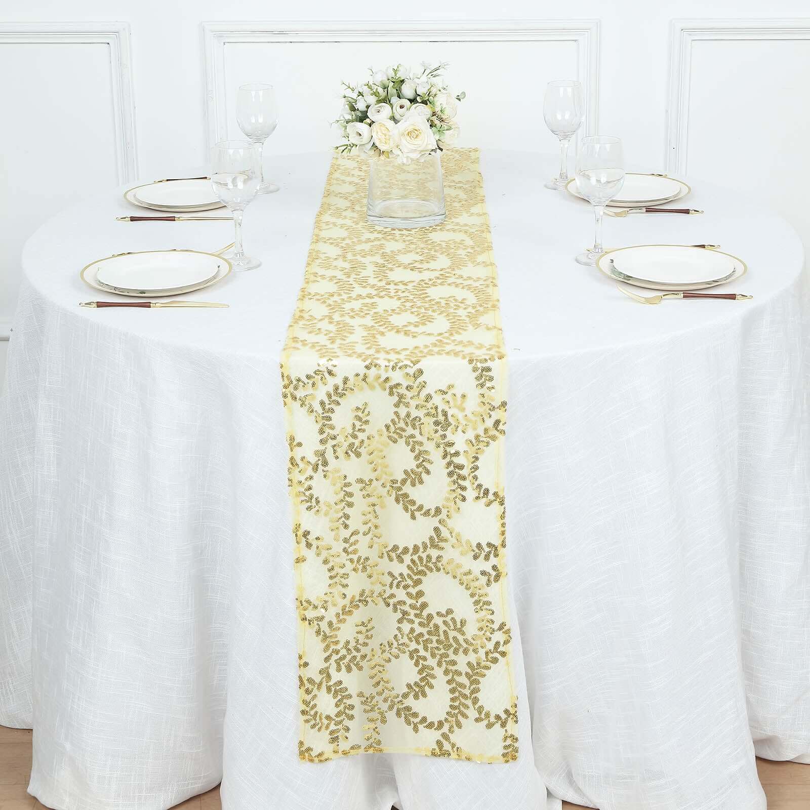 Mesh 12x108 Table Runner Gold - Leaf Vine Sequin Embroidered Design for Sophisticated Occasion