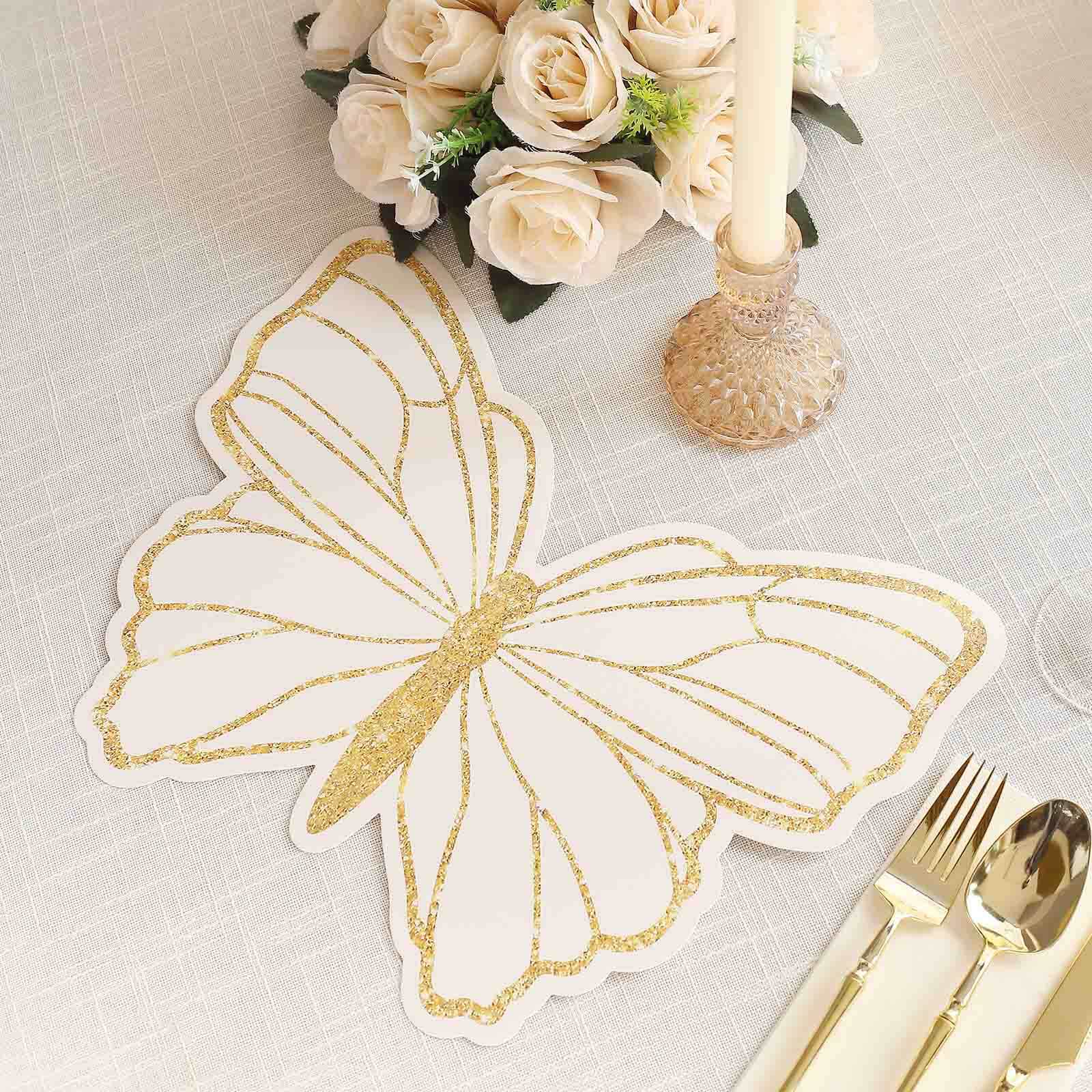 10-Pack Disposable Table Placemats with White Butterfly Design & Gold Glitters - 400GSM Cardboard Placemats for Kids' Parties, Baby Showers & Celebrations 14